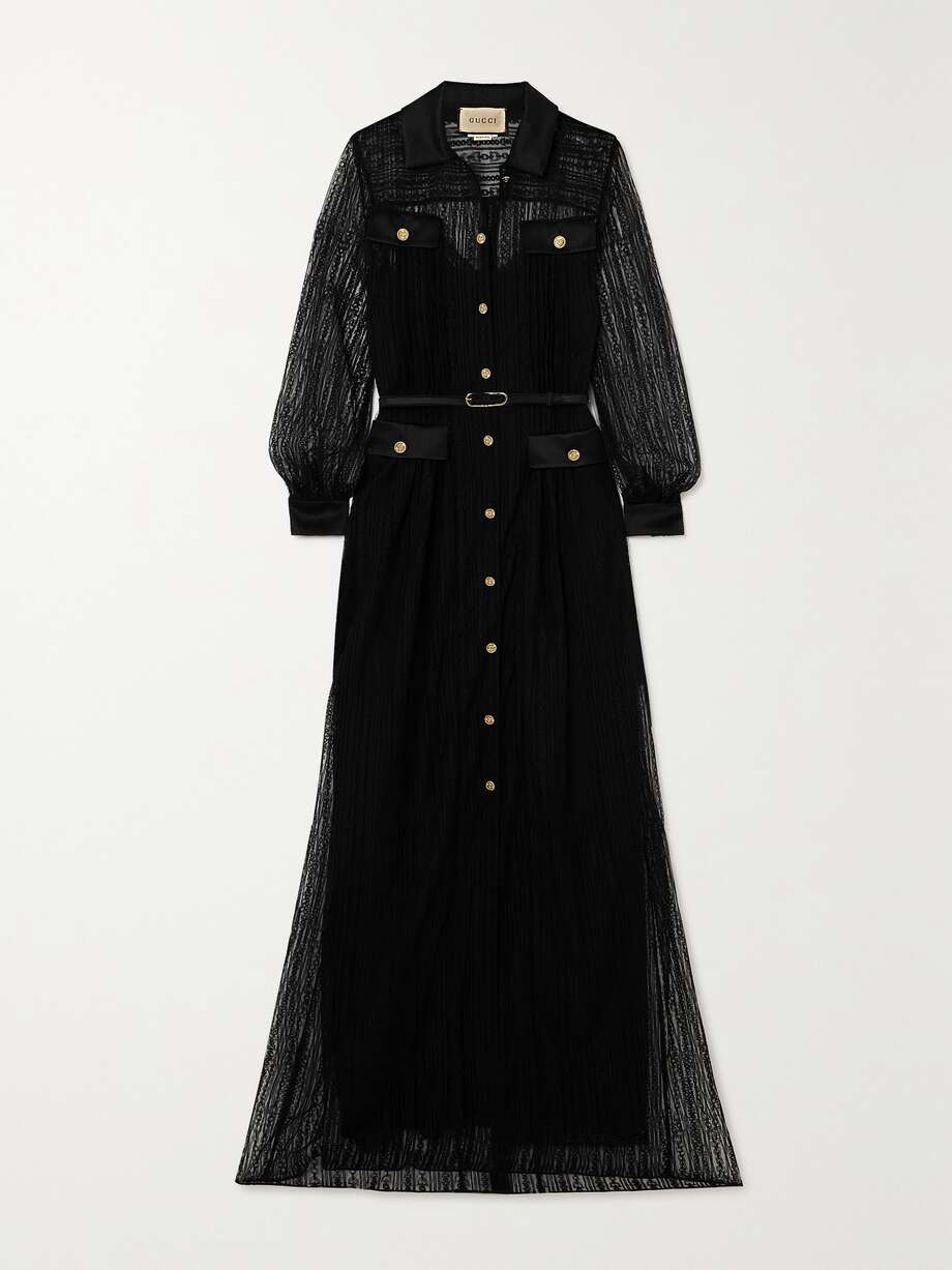 button-embellished leather-trimmed lace maxi dress
