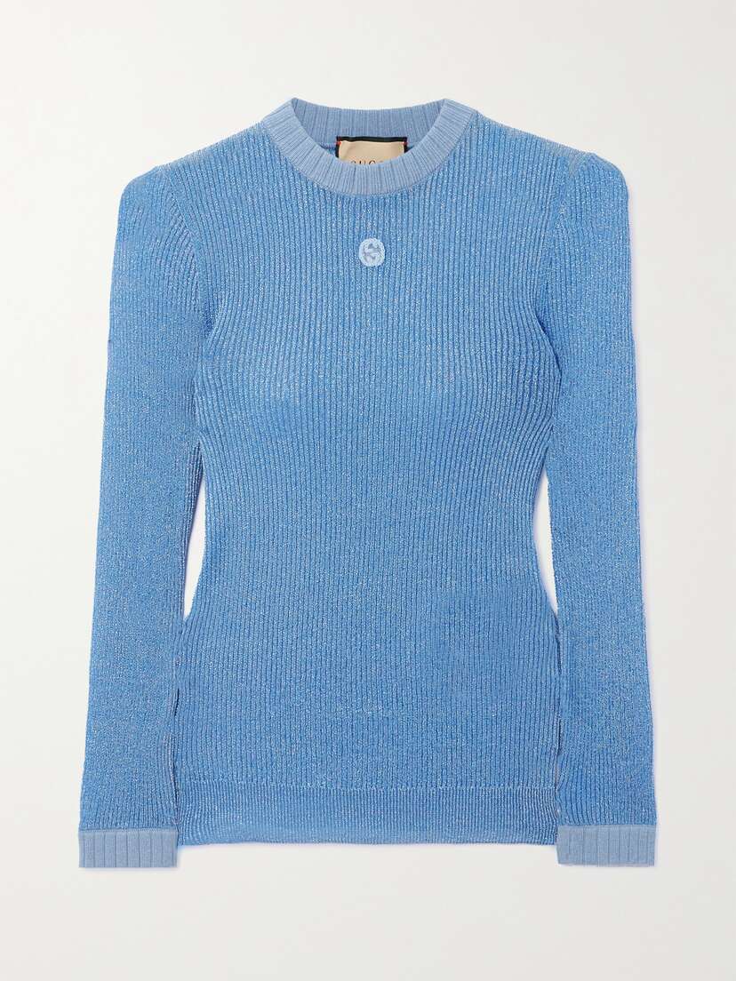 Gucci Embroidered Metallic Ribbed-knit Top