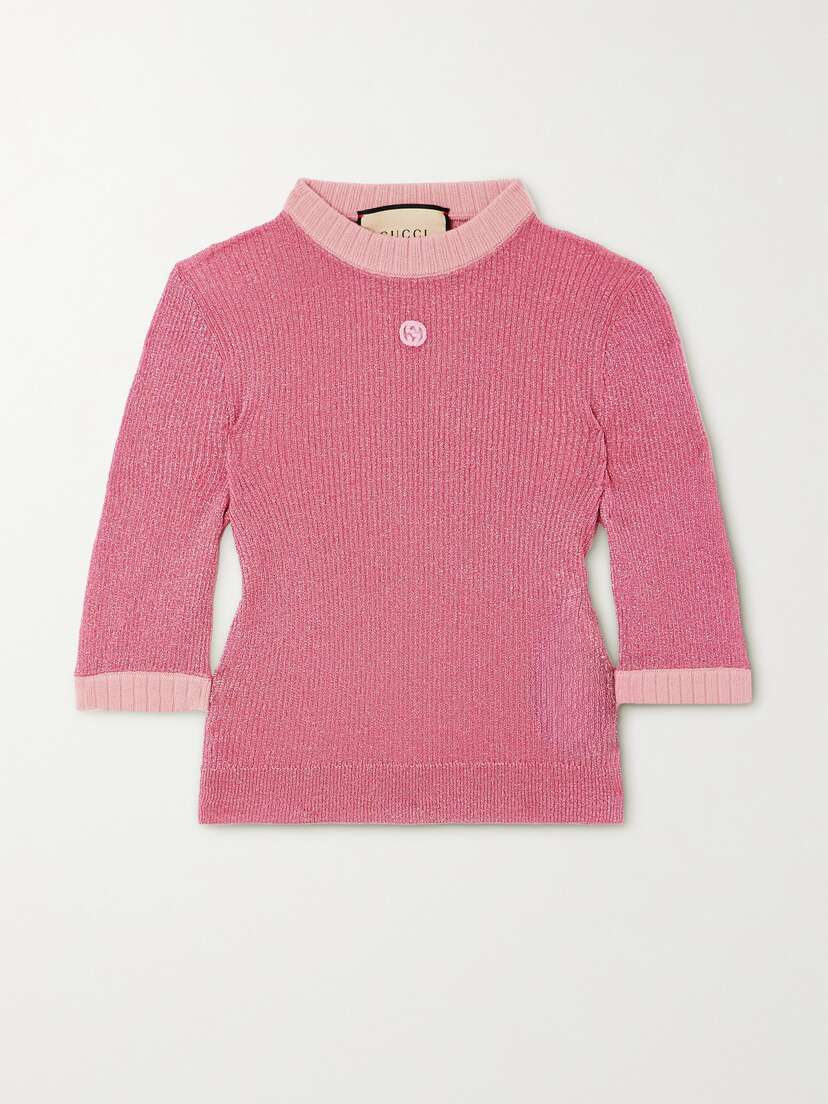Gucci Cashmere-blend Trimmed Metallic Ribbed-knit Top