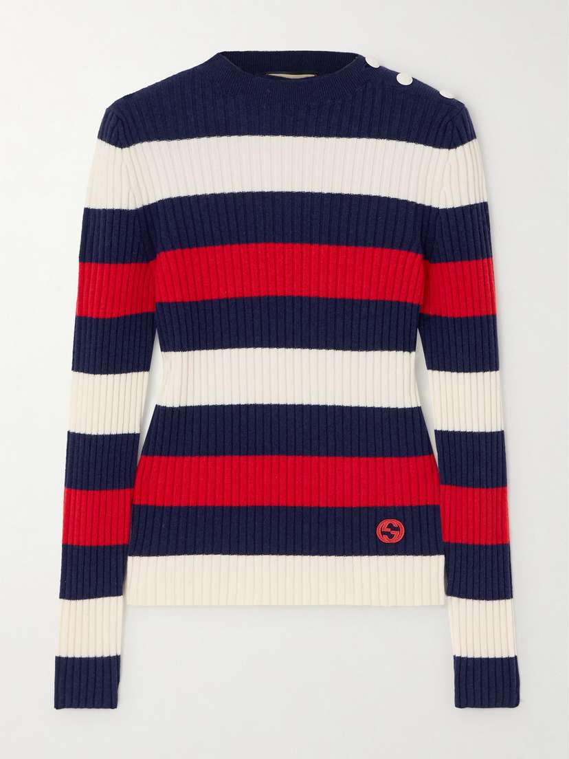 Gucci Appliquéd Striped Ribbed Wool-blend Sweater
