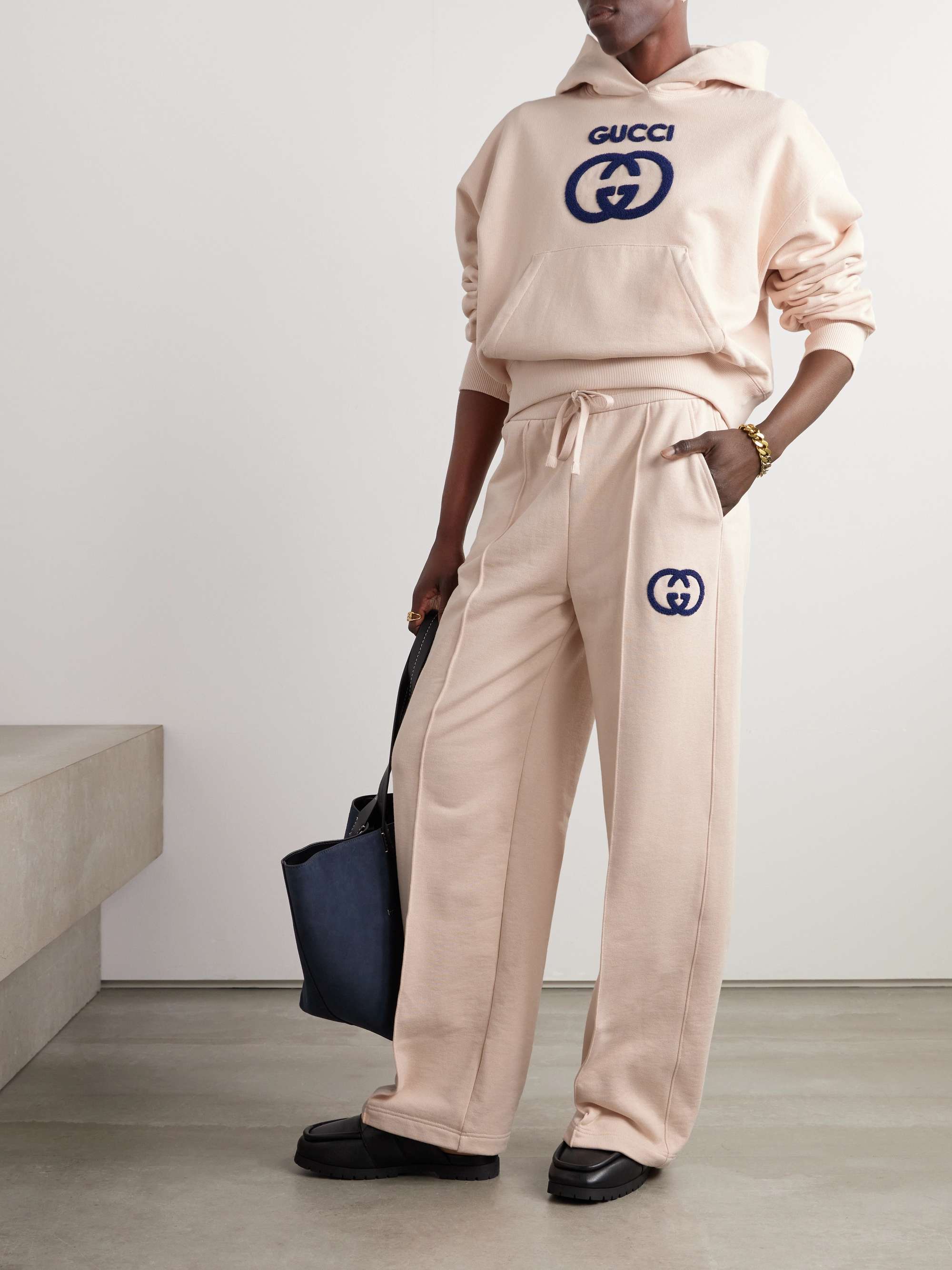 Appliquéd cotton-jersey straight-leg track pants