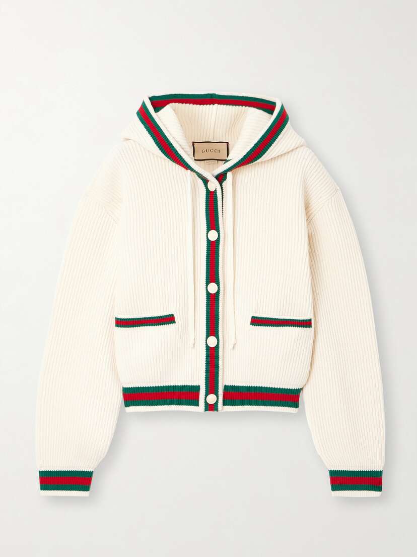 Gucci Hooded Striped Ribbed Wool Cardigan