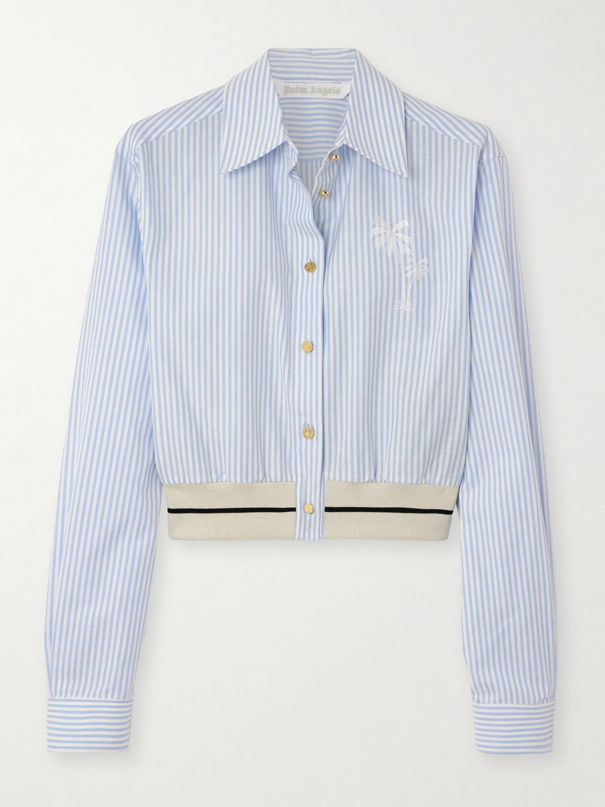 Palm Angels Cropped Embroidered Striped Cotton Shirt In Blue