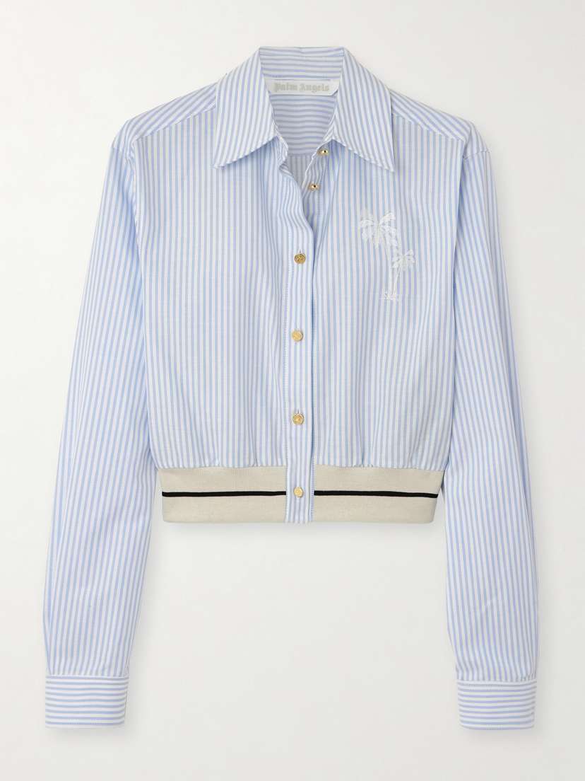 Palm Angels Cropped Embroidered Striped Cotton Shirt