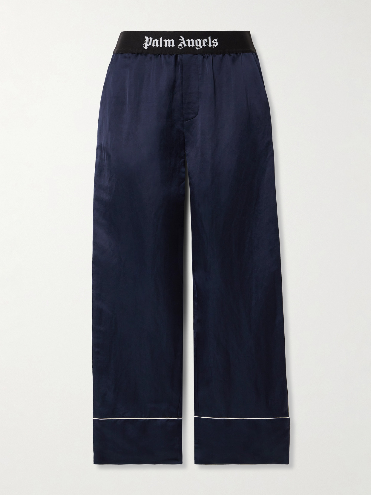 Shop Palm Angels Logo-jacquard Piped Linen-blend Satin Pajama Pants In Blue