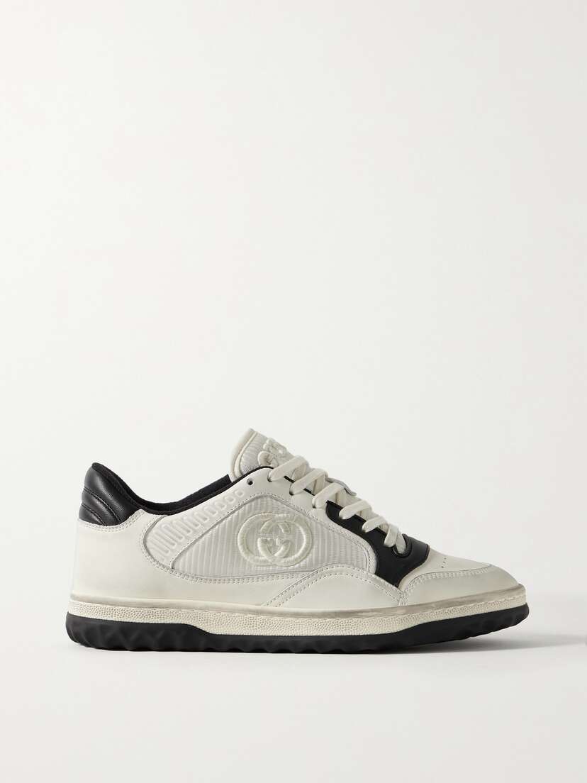 Gucci Mac80 Distressed Leather And Embroidered Ribbed-knit Sneakers