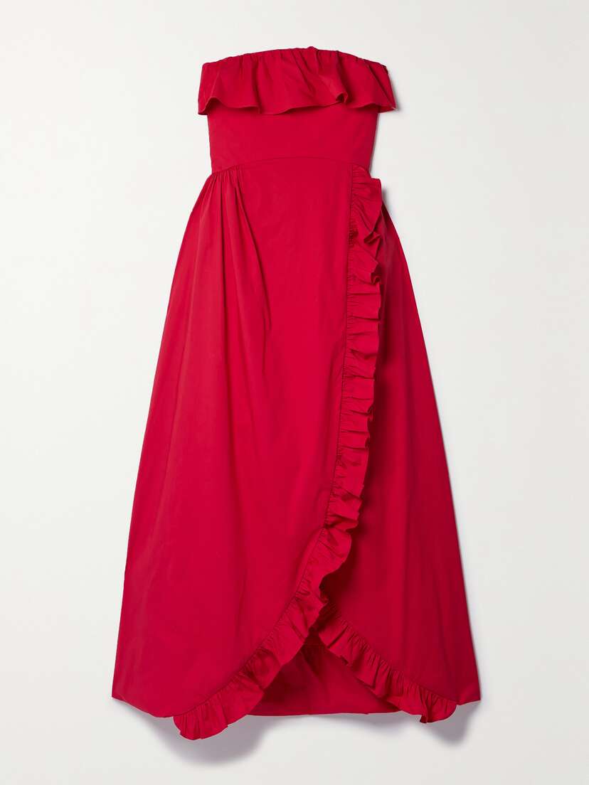 Kika Vargas + Net Sustain Sylvia Strapless Wrap-effect Ruffled Cotton-blend Poplin Midi Dress