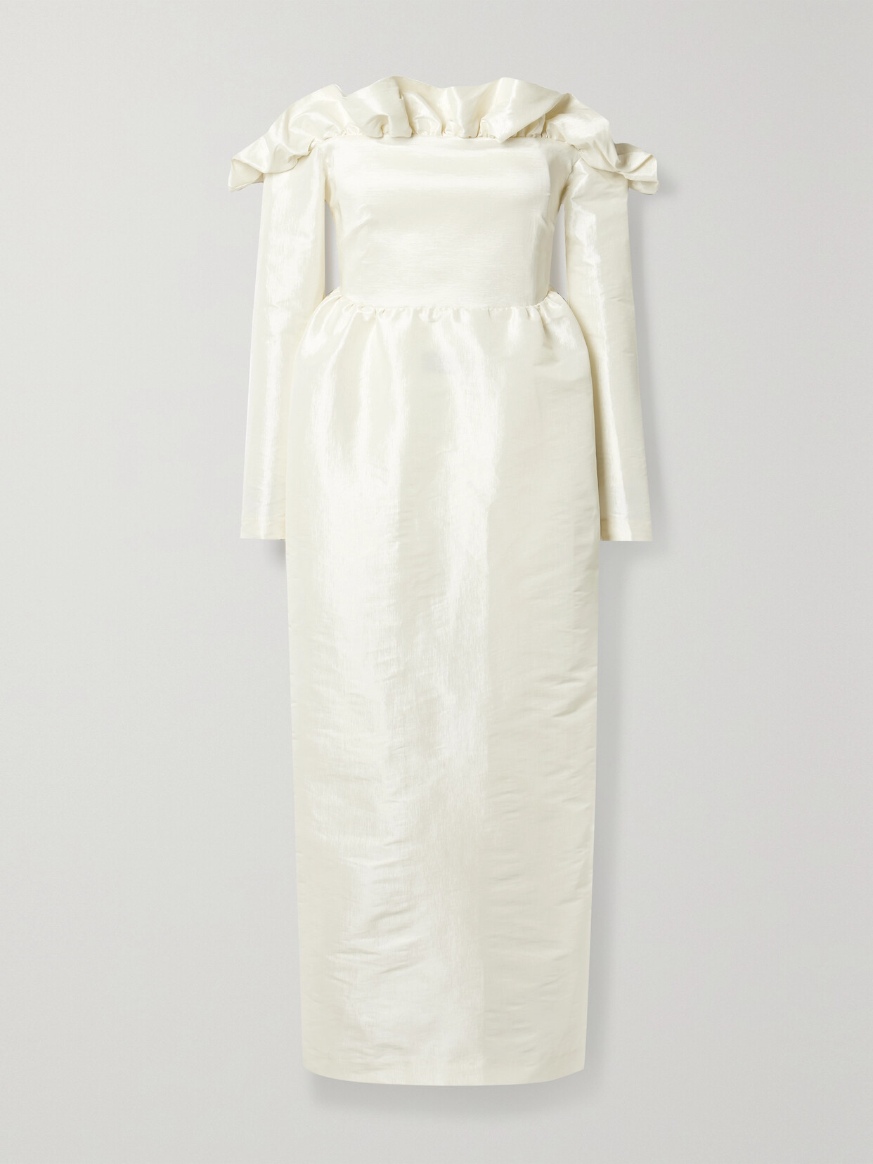 KIKA VARGAS + NET SUSTAIN ENYA OFF-THE-SHOULDER RUFFLED DUPIONI MIDI DRESS