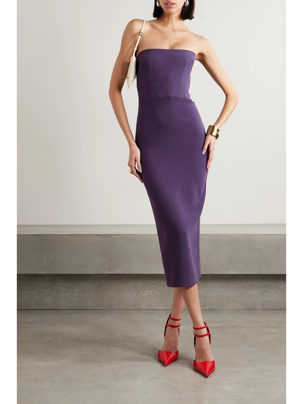 Shop Alex Perry Strapless Stretch-crepe Midi Dress In Purple