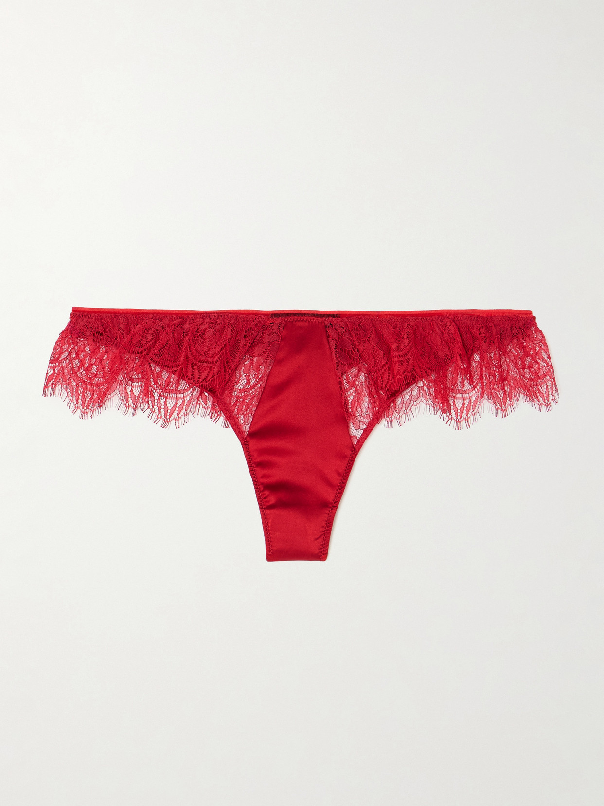 Kiki De Montparnasse Camaret Lace-trimmed Stretch-silk Thong In Red