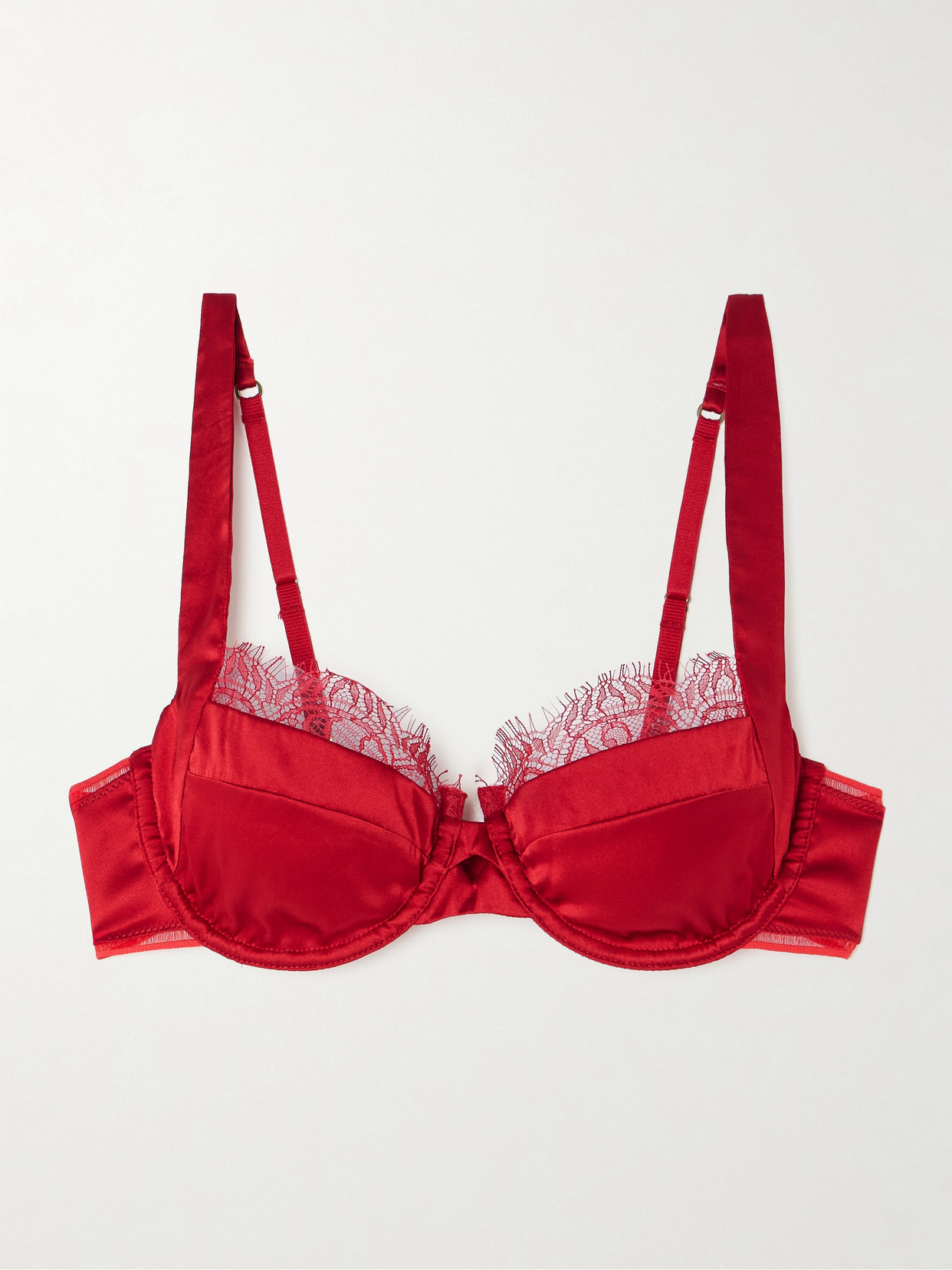 Shop Kiki De Montparnasse Camaret Lace-trimmed Silk-blend Satin Underwired Balconette Bra In Red