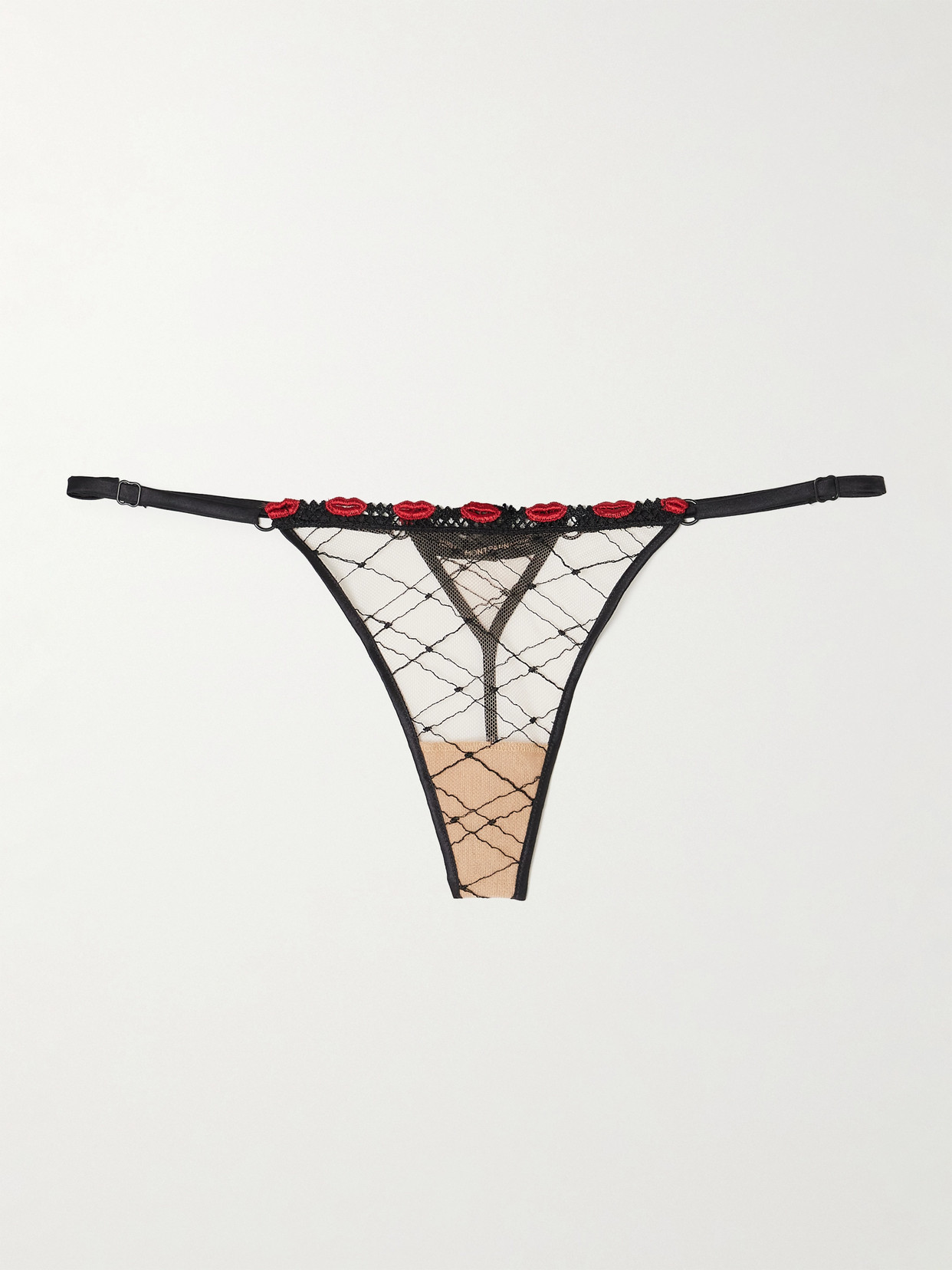 Kiki De Montparnasse La Bise Silk Blend-trimmed Appliquéd Embroidered Tulle Thong In Black