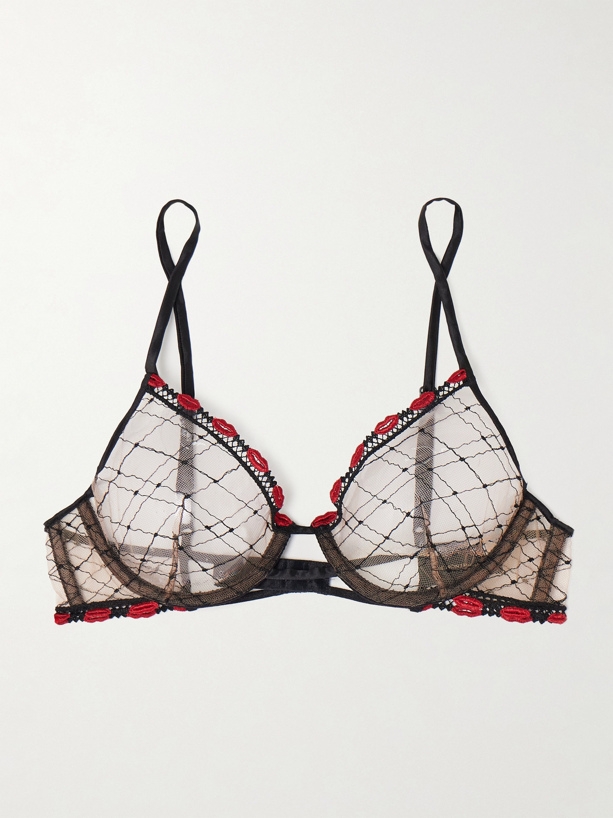 Kiki de Montparnasse - La Bise Silk-blend Trimmed Appliquéd Embroidered Tulle Underwired Soft-cup Demi Bra - Black