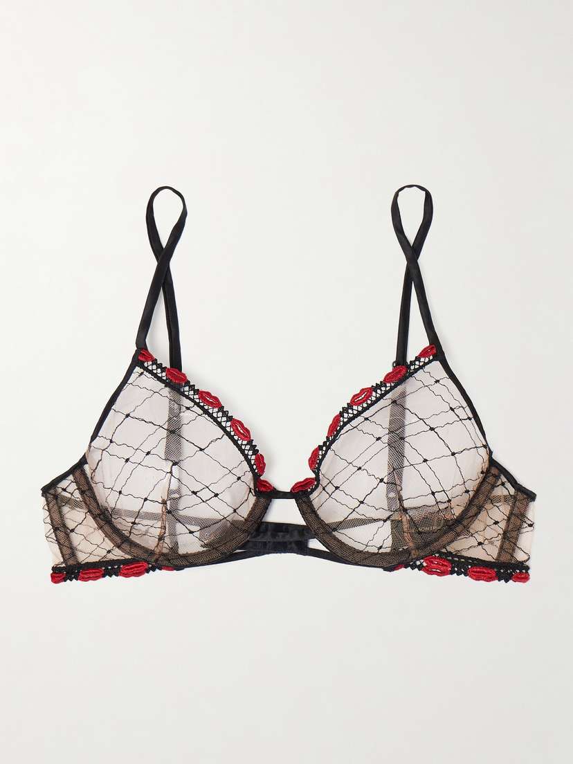 Kiki de Montparnasse La Bise Silk-blend Trimmed Appliquéd Embroidered Tulle Underwired Soft-cup Demi Bra
