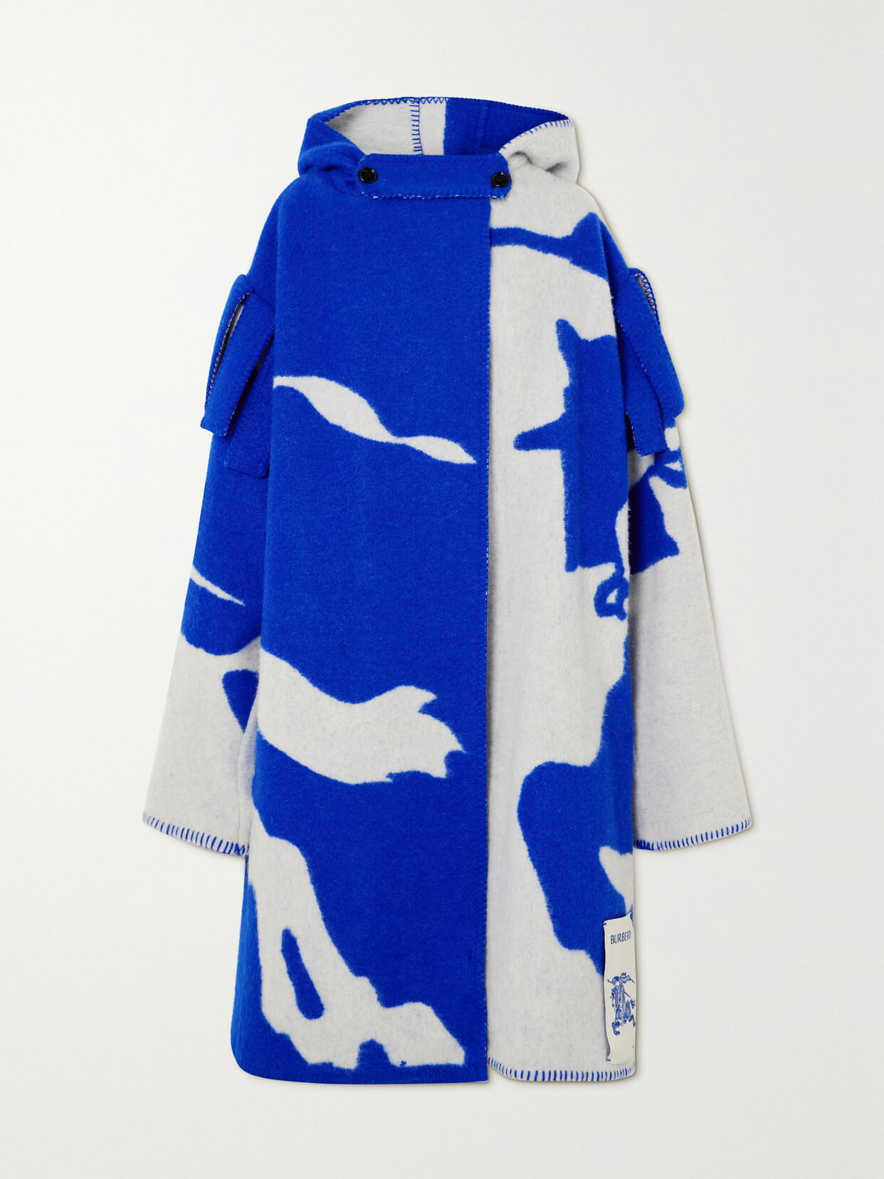 Burberry Oversized Hooded Appliquéd Wool-jacquard Coat In Blue