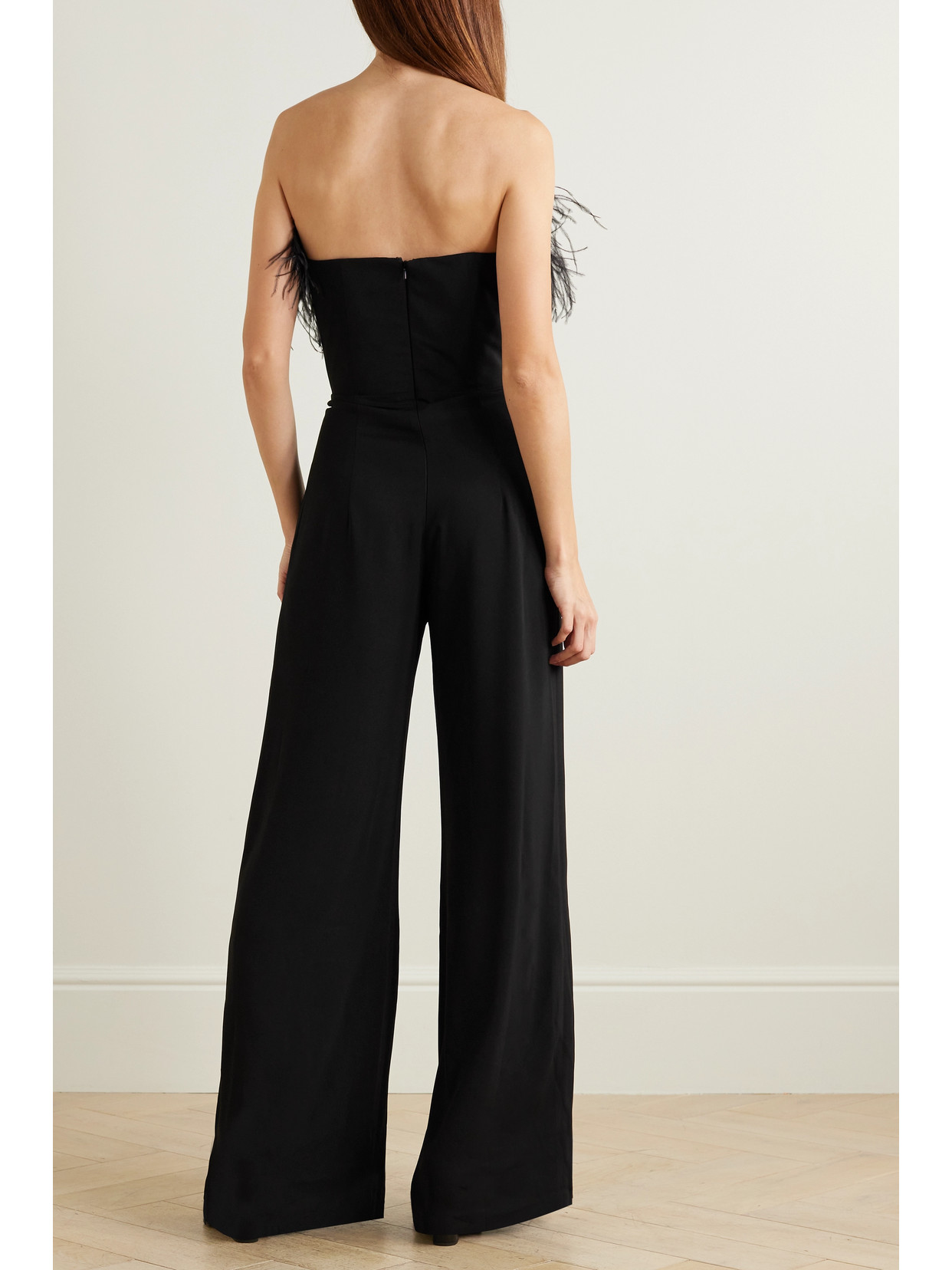 Shop 16arlington Taree Strapless Feather-trimmed Crepe Jumpsuit In Black