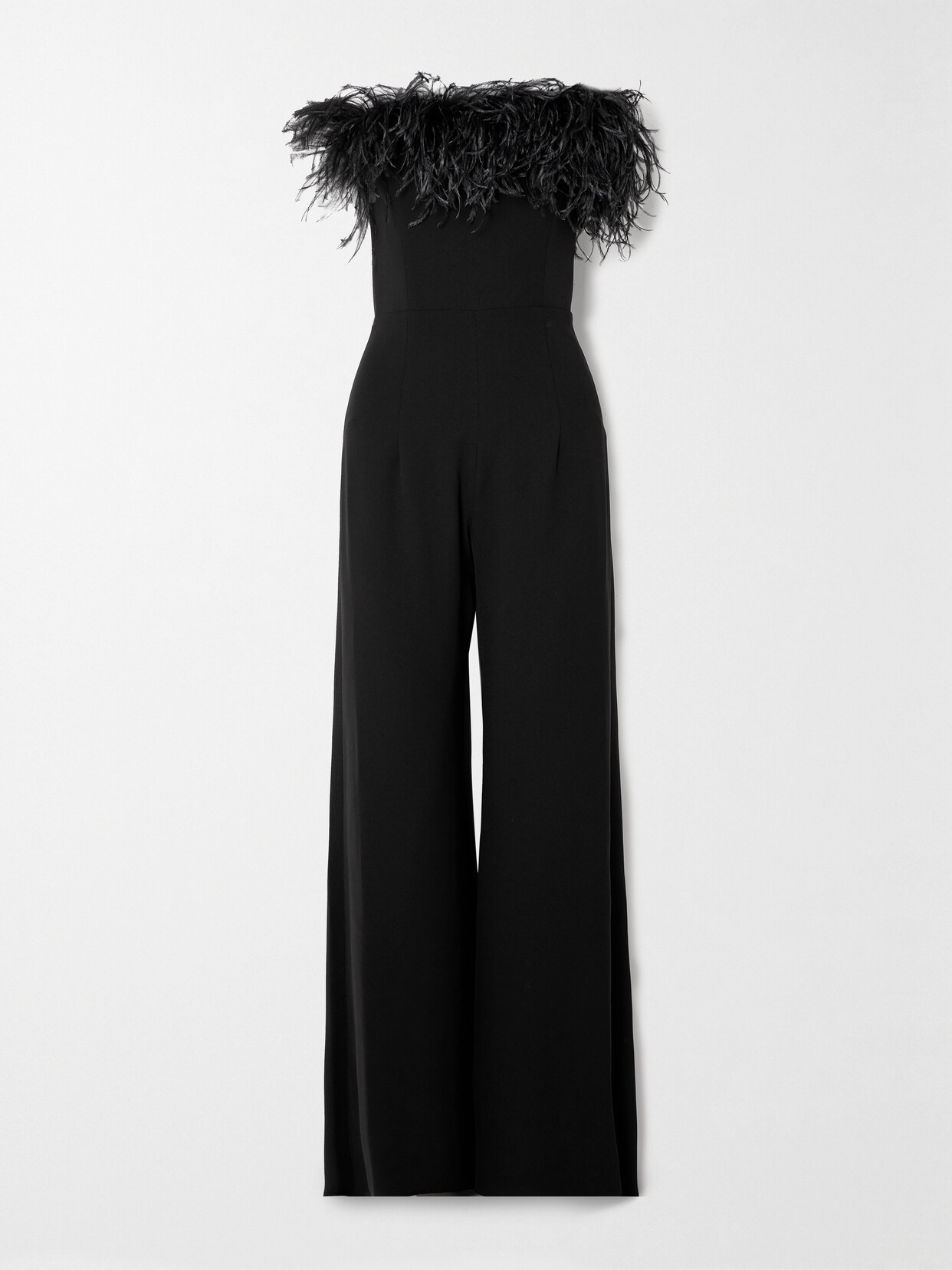 Shop 16arlington Taree Strapless Feather-trimmed Crepe Jumpsuit In Black