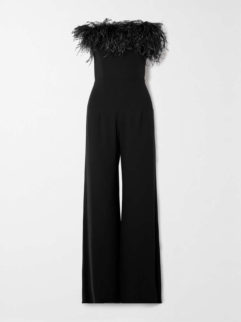 16Arlington Taree Strapless Feather-trimmed Crepe Jumpsuit
