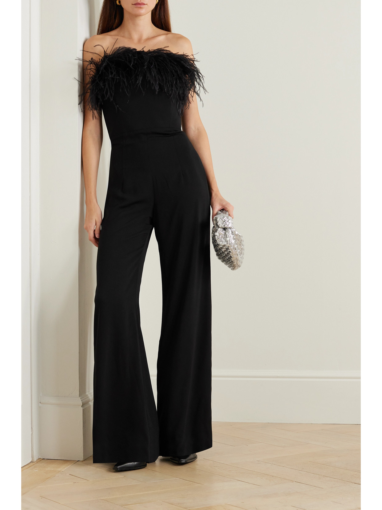 Shop 16arlington Taree Strapless Feather-trimmed Crepe Jumpsuit In Black