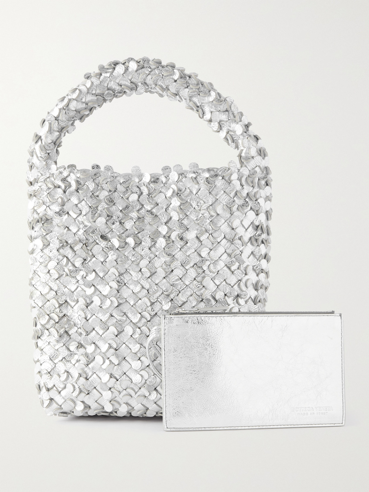 Shop Bottega Veneta Small Intrecciato Metallic Leather Tote In Silver