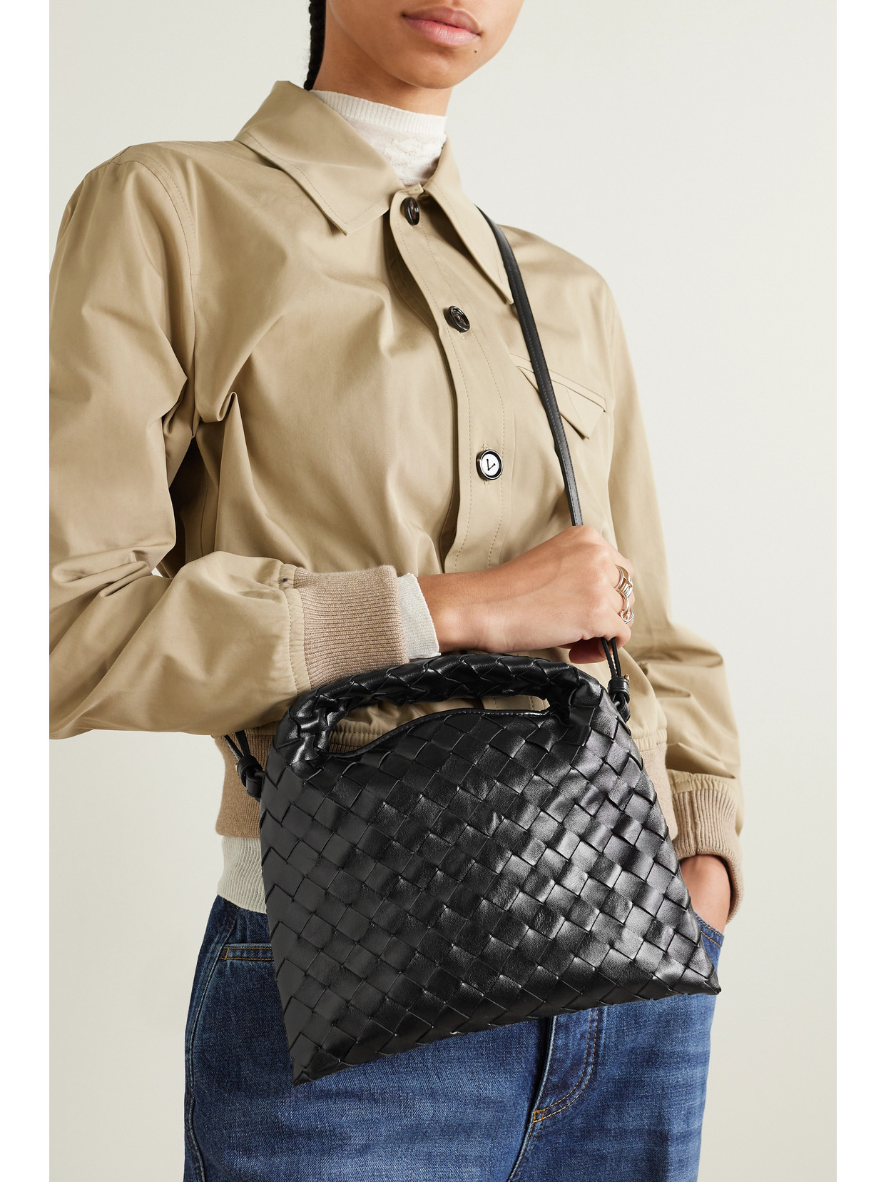 Bottega Veneta Mini Hop Intrecciato Leather Shoulder Bag In Black