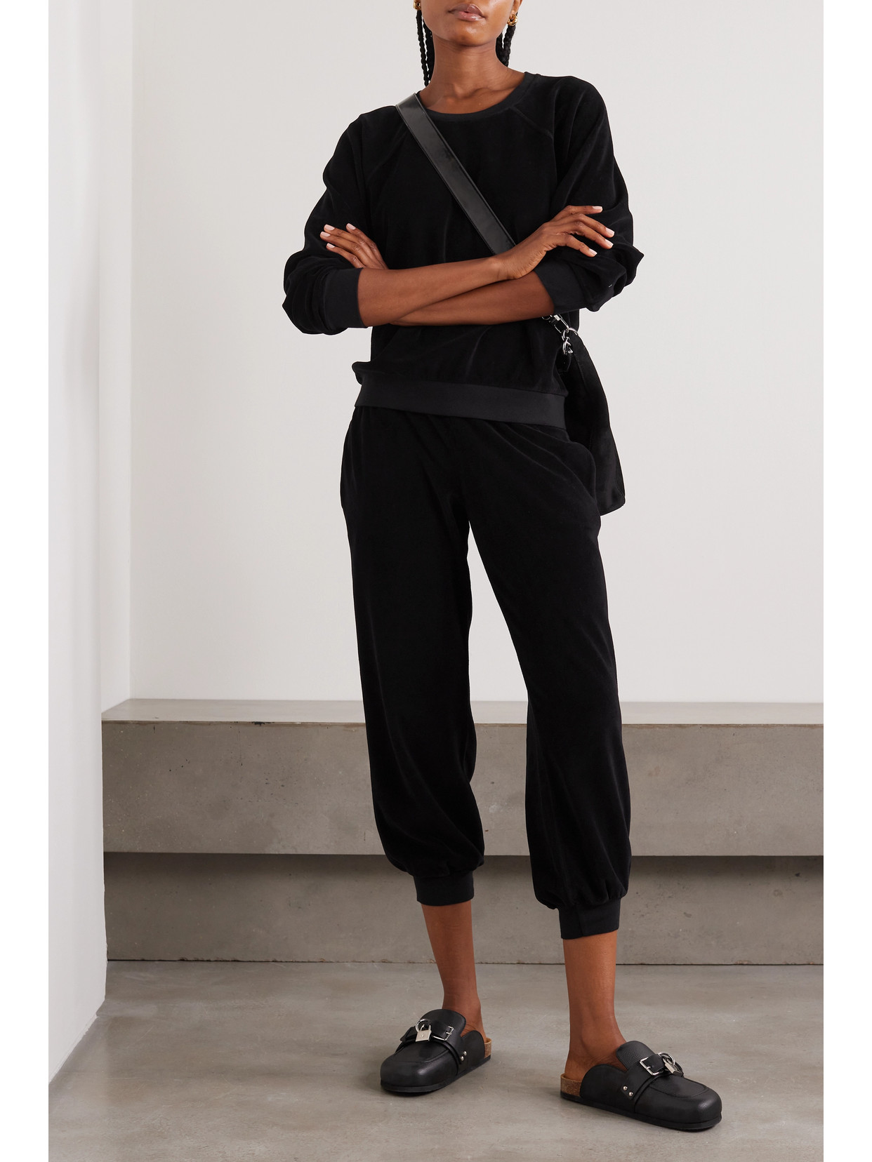 Shop Suzie Kondi Patmos Cropped Cotton-blend Velour Track Pants In Black