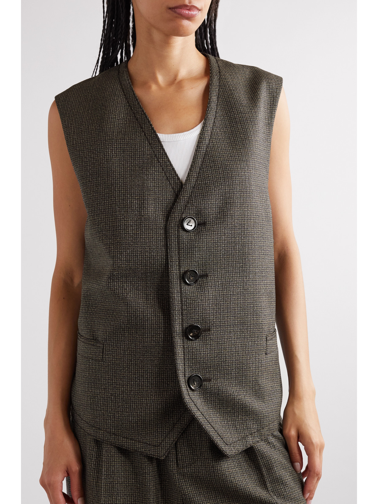 Shop Bottega Veneta Satin And Houndstooth Wool-tweed Vest In Brown