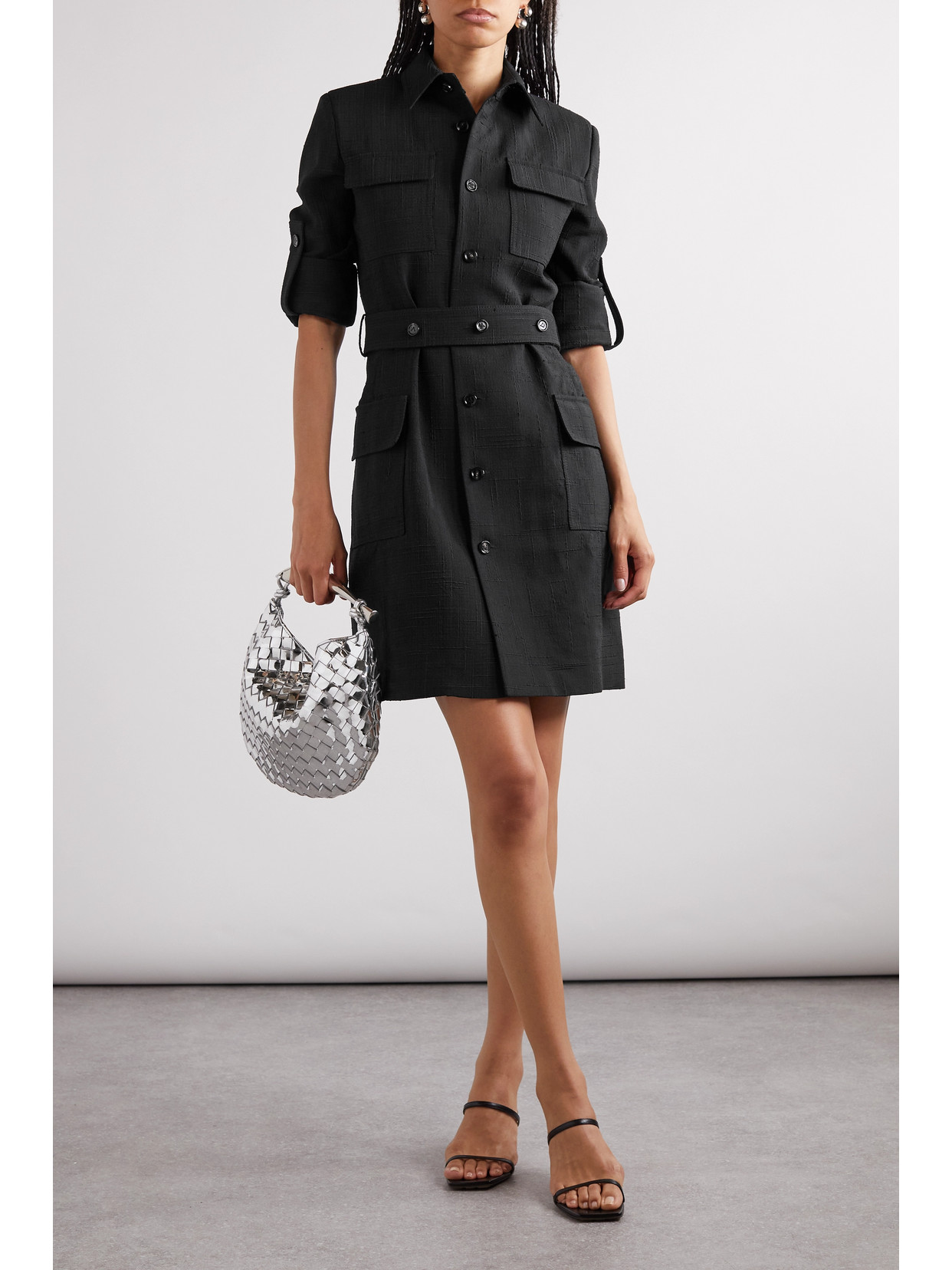 Shop Bottega Veneta Belted Woven Mini Shirt Dress In Black