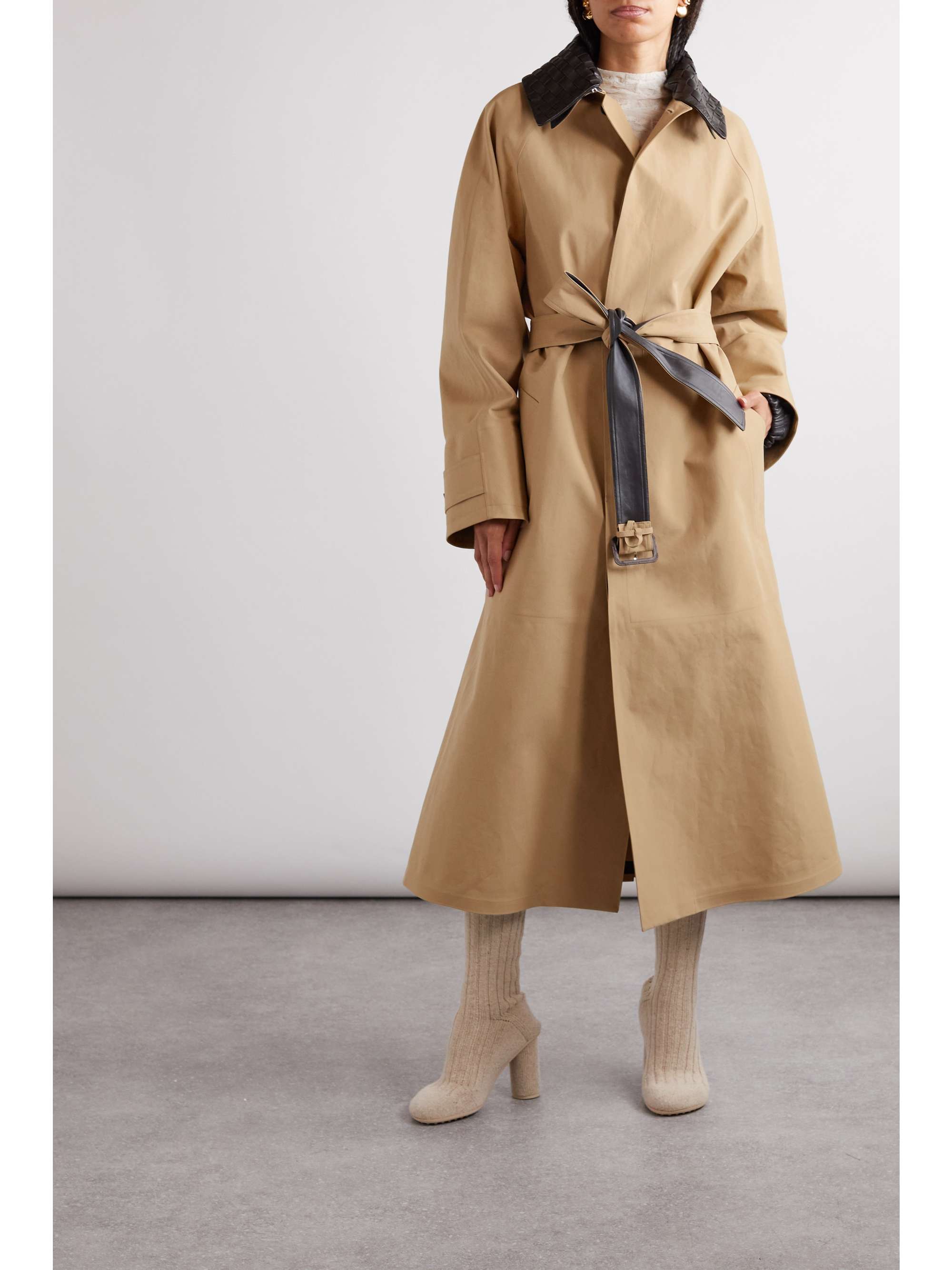 BOTTEGA VENETA Belted leather-trimmed cotton-garbardine trench coat ...