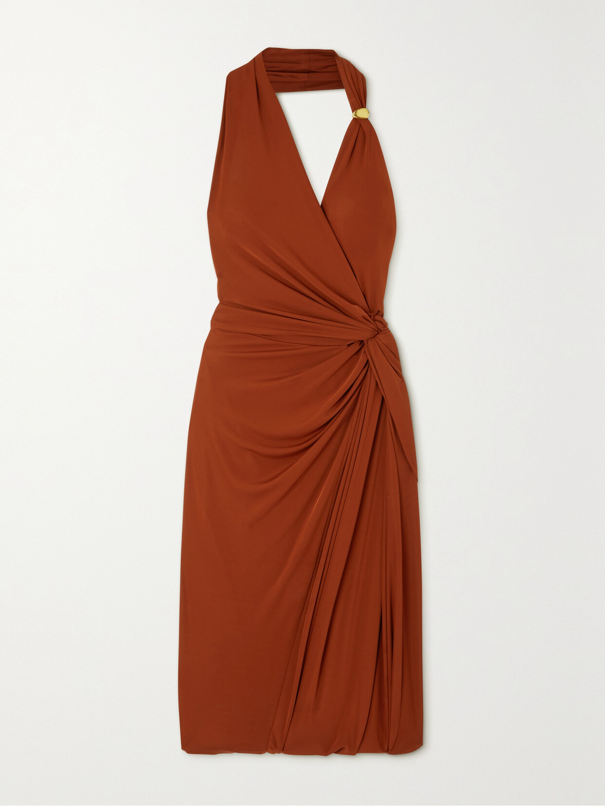 Bottega Veneta Gathered Stretch-jersey Halterneck Dress In Burgundy