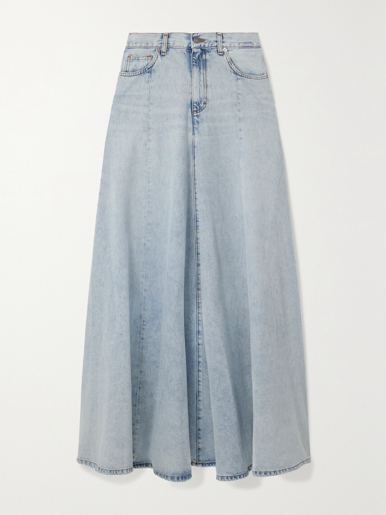 Shop Haikure + Net Sustain Serenity Distressed Paneled Denim Maxi Skirt In Blue