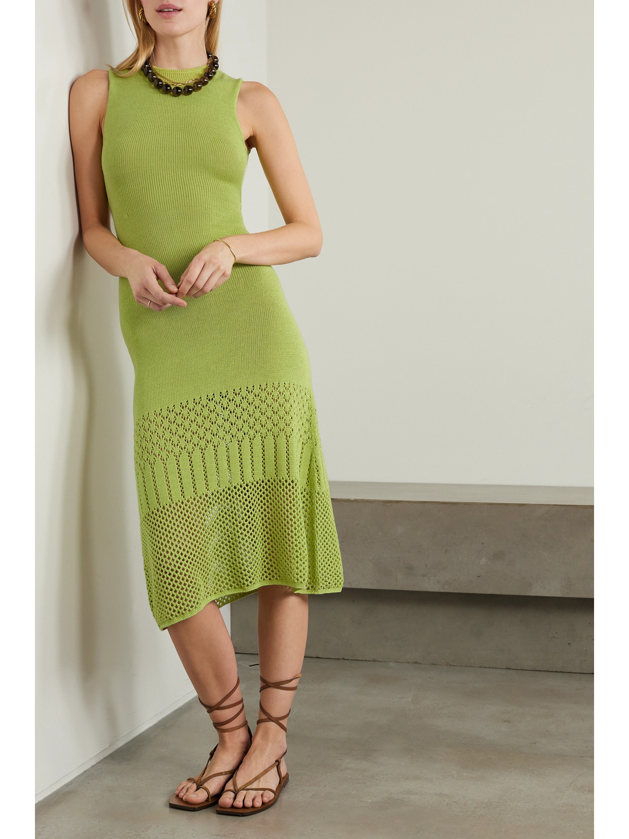 Shop Escvdo + Net Sustain Tondero Open-back Knitted Cotton Midi Dress In Green