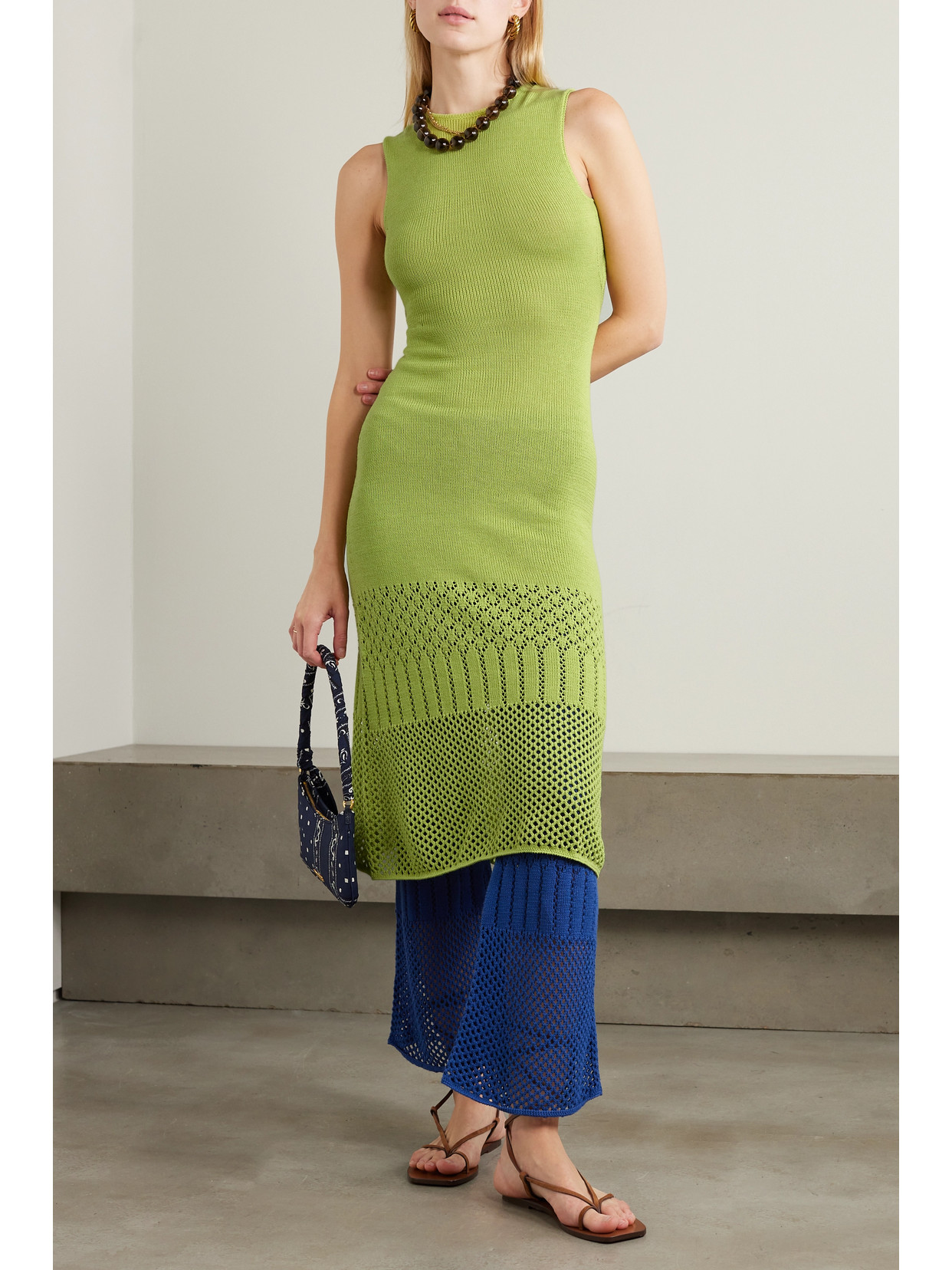 Shop Escvdo + Net Sustain Tondero Open-back Knitted Cotton Midi Dress In Green