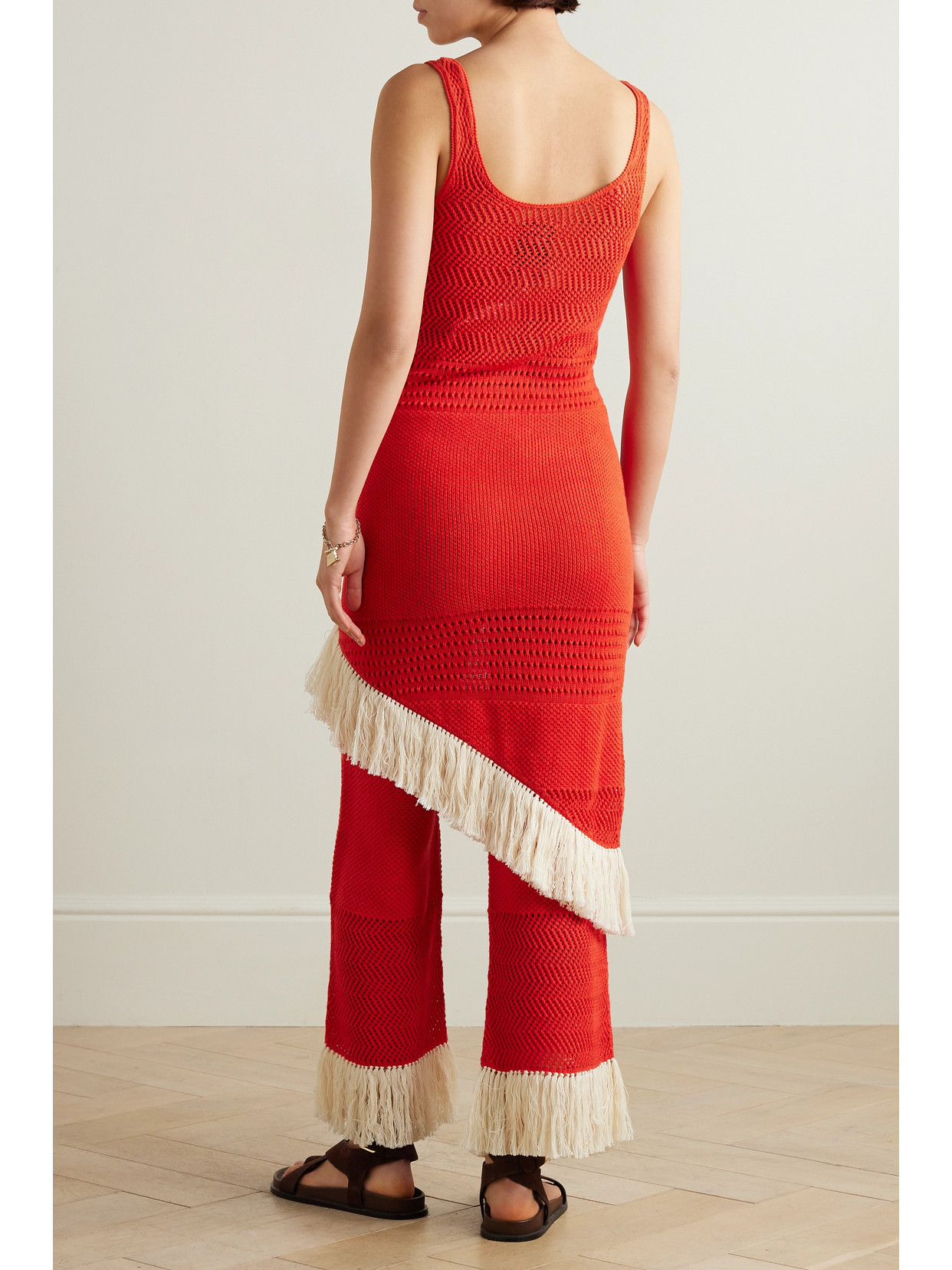 Escvdo + Net Sustain Carisa Fringed Asymmetric Cotton Midi Dress In Red