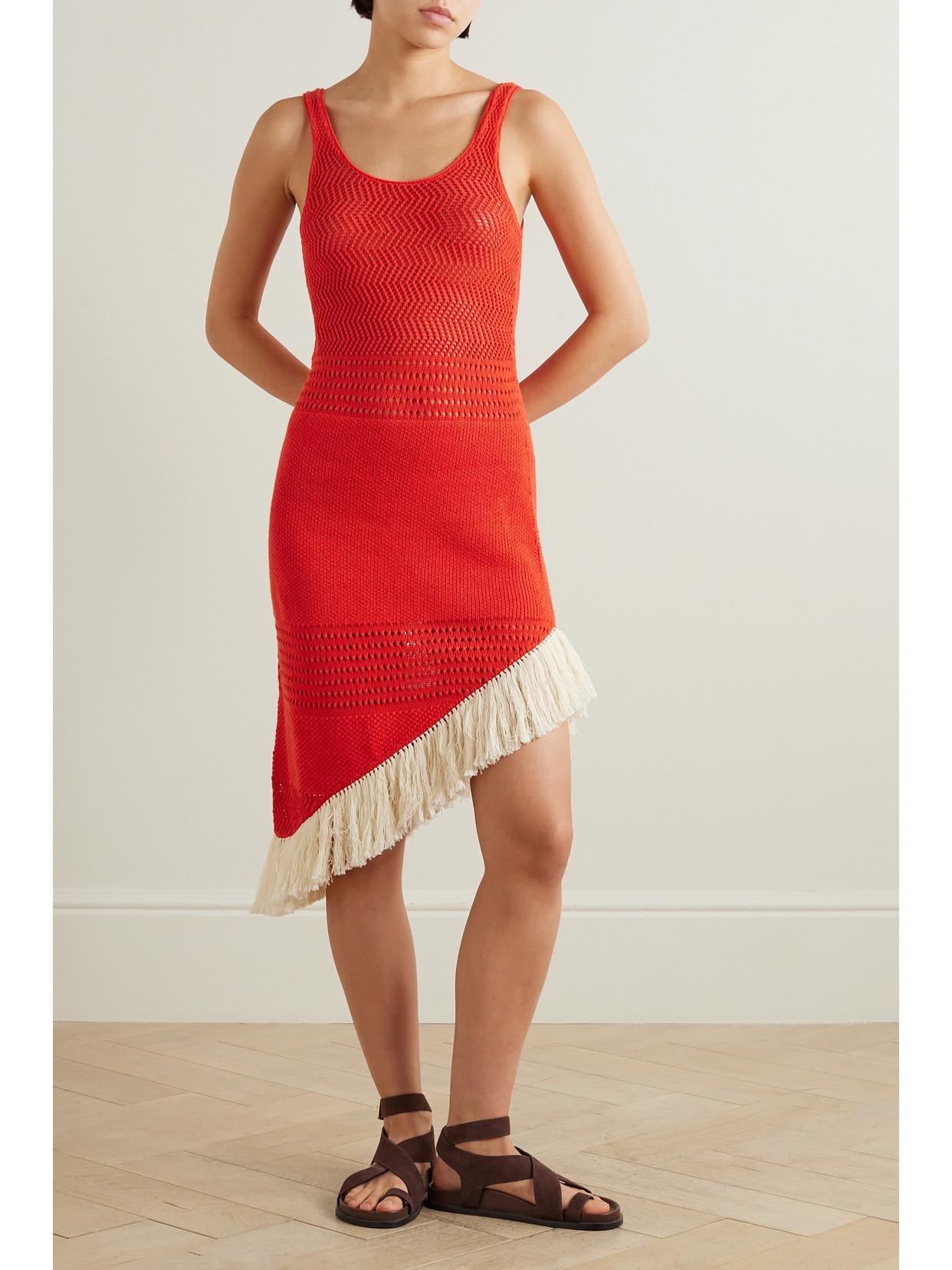 Shop Escvdo + Net Sustain Carisa Fringed Asymmetric Cotton Midi Dress In Red