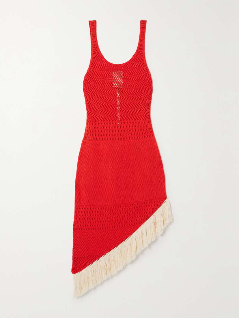 ESCVDO + Net Sustain Carisa Fringed Asymmetric Cotton Midi Dress