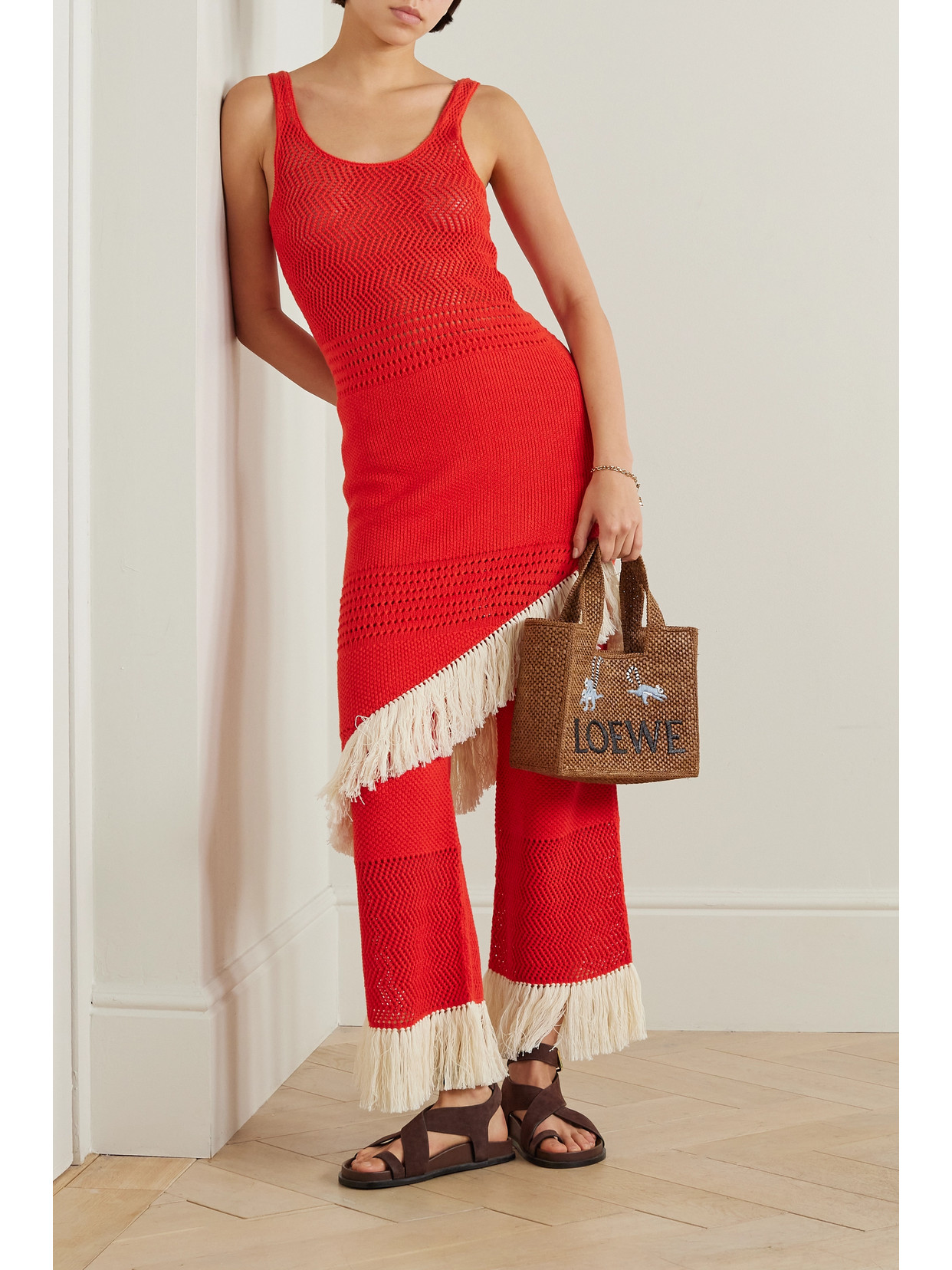 Shop Escvdo + Net Sustain Carisa Fringed Asymmetric Cotton Midi Dress In Red