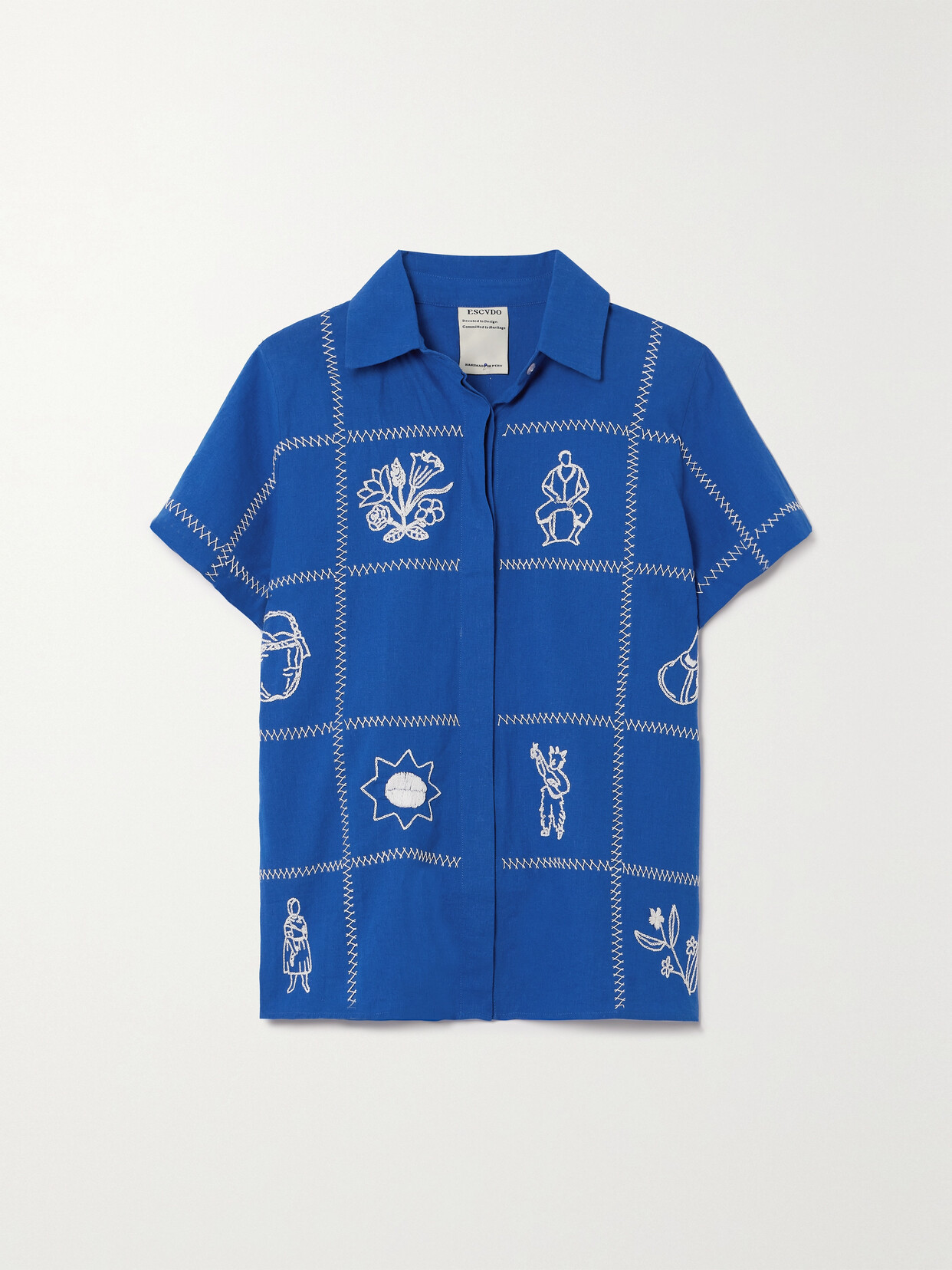 Shop Escvdo + Net Sustain Carmen Embroidered Cotton And Linen-blend Shirt In Blue