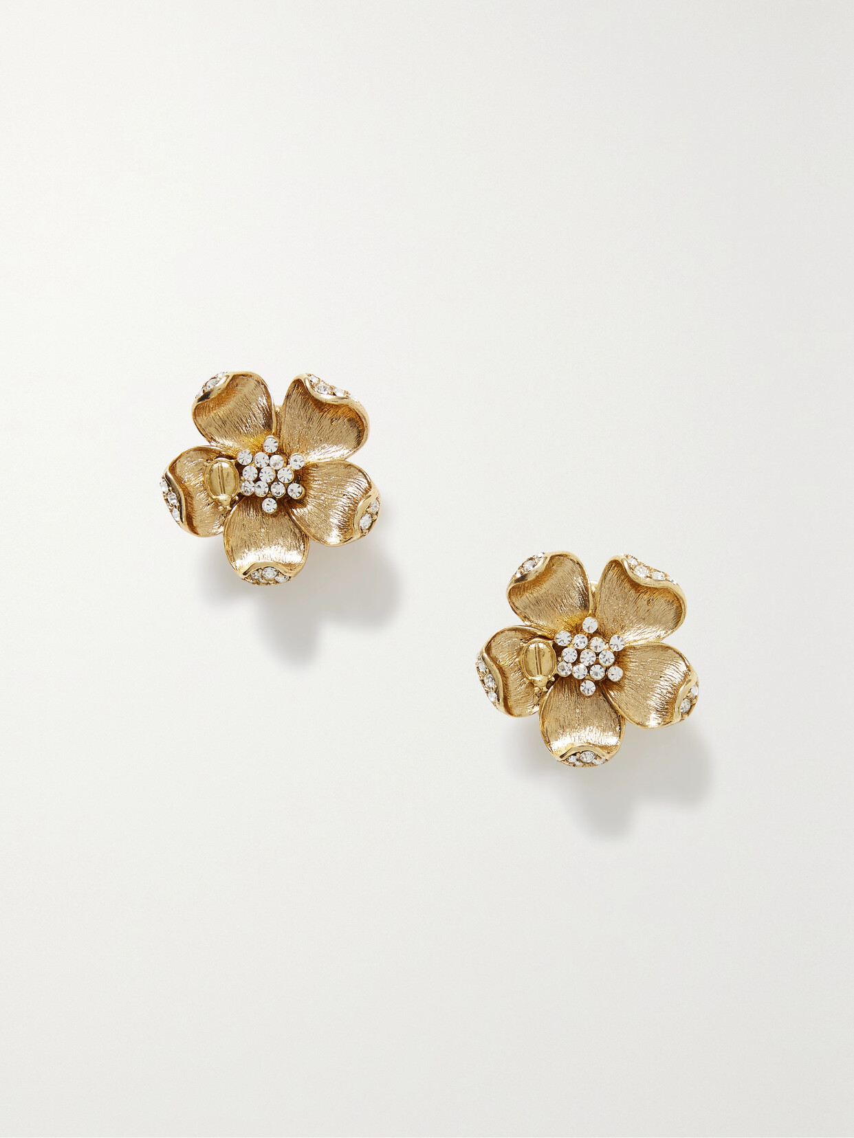 OSCAR DE LA RENTA LADYBUG FLOWER GOLD-TONE CRYSTAL CLIP EARRINGS