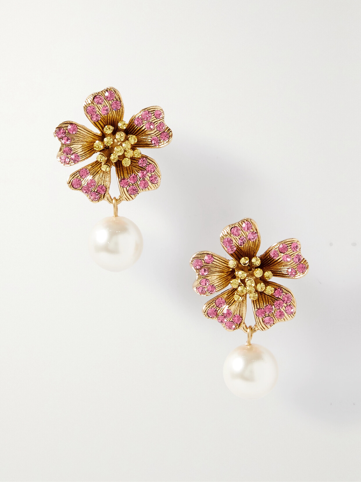 Oscar de la Renta - Dotted Petals Gold-tone, Crystal And Faux Pearl Earrings - Pink