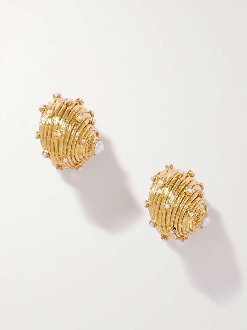 Oscar de la Renta Dotted Shell Gold-tone Faux Pearl Clip Earrings