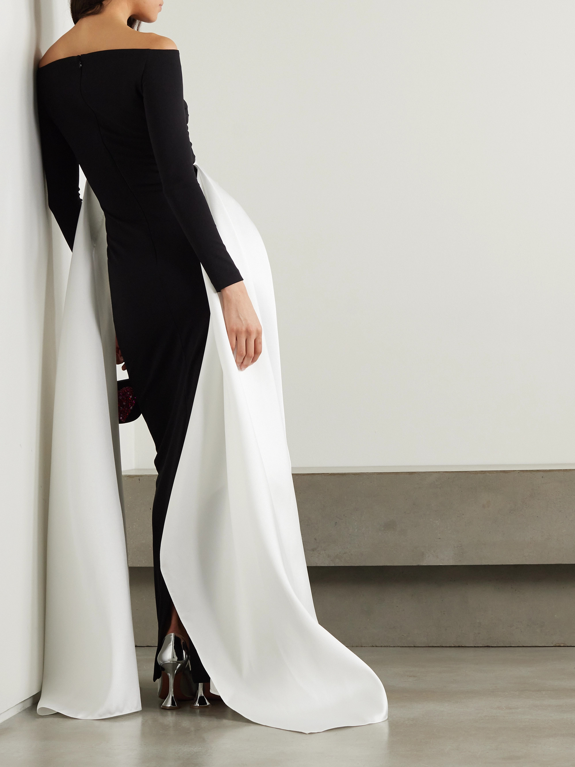 Solace London Irma off-the shoulder crepe and satin-twill gown