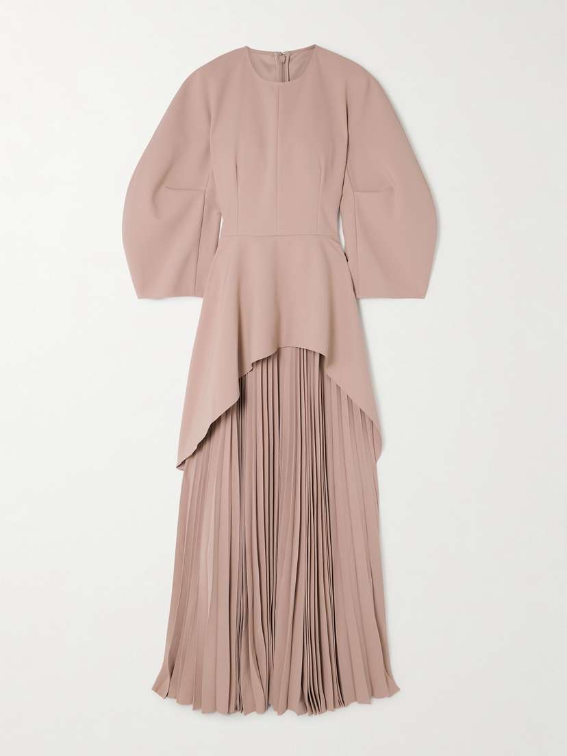 Solace London Maia Draped Pleated Crepe Peplum Gown