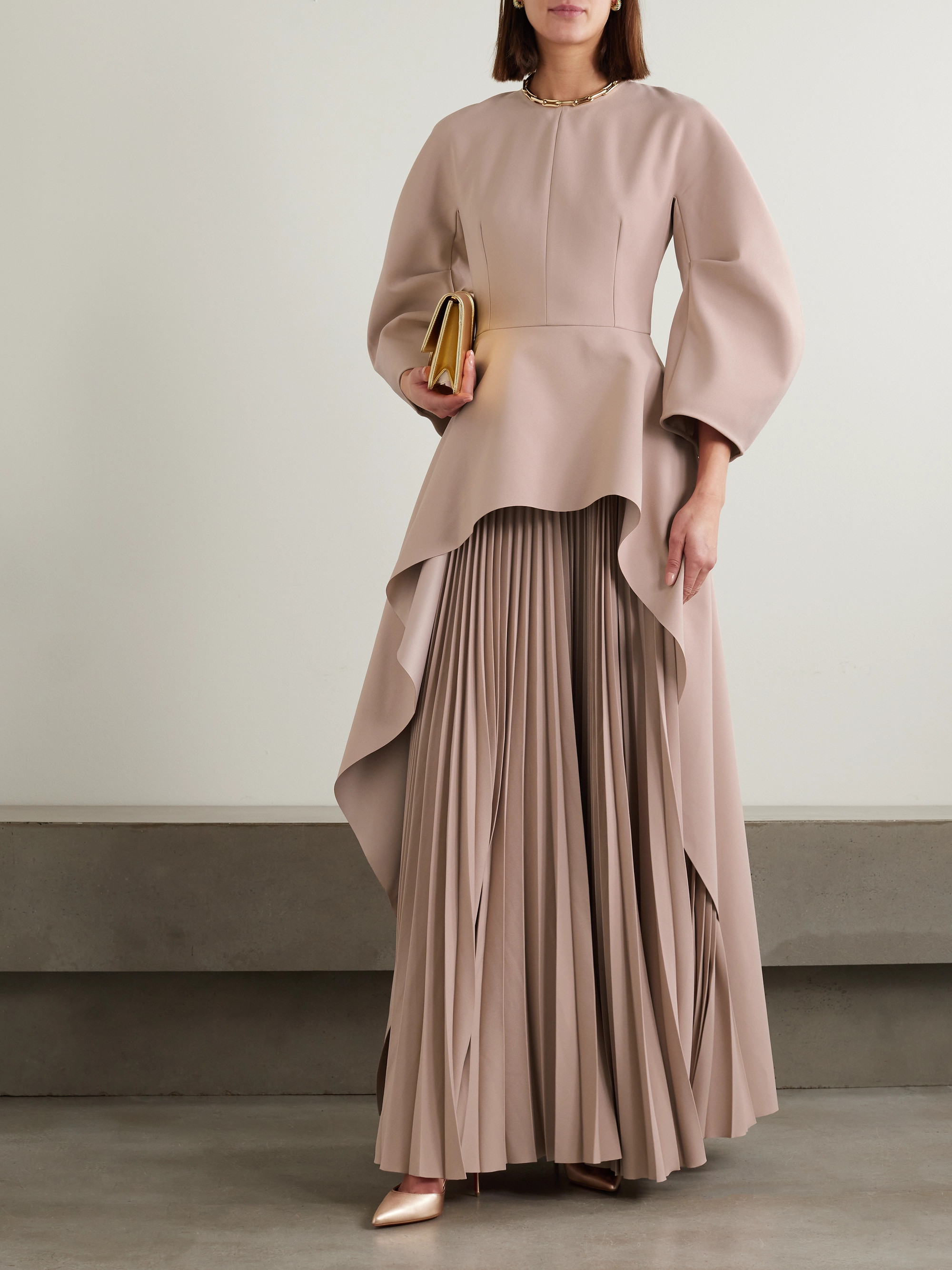 Solace London Maia draped pleated crepe peplum gown