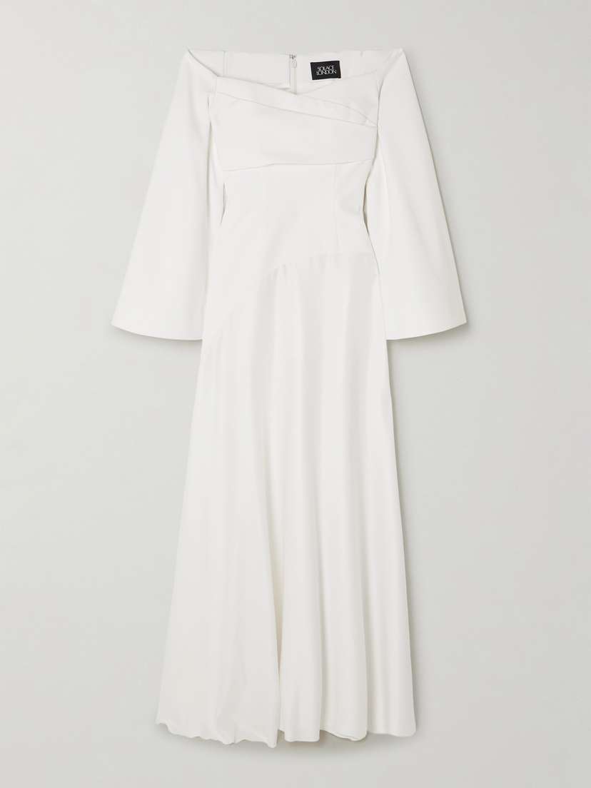 Solace London Rina Off-the-shoulder Draped Crepe And Satin Gown