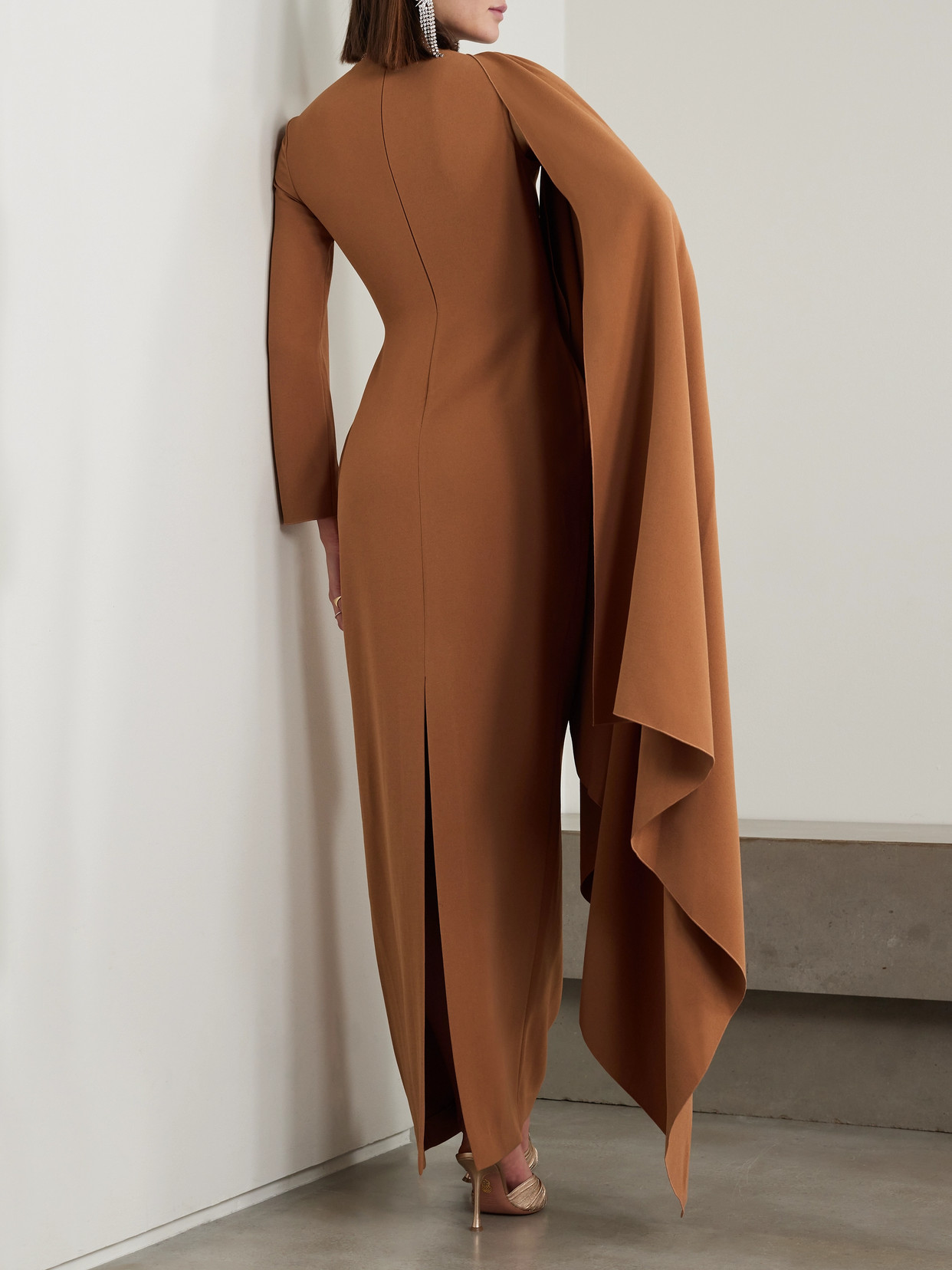 Solace London Lydia Asymmetric Draped Crepe Gown In Brown