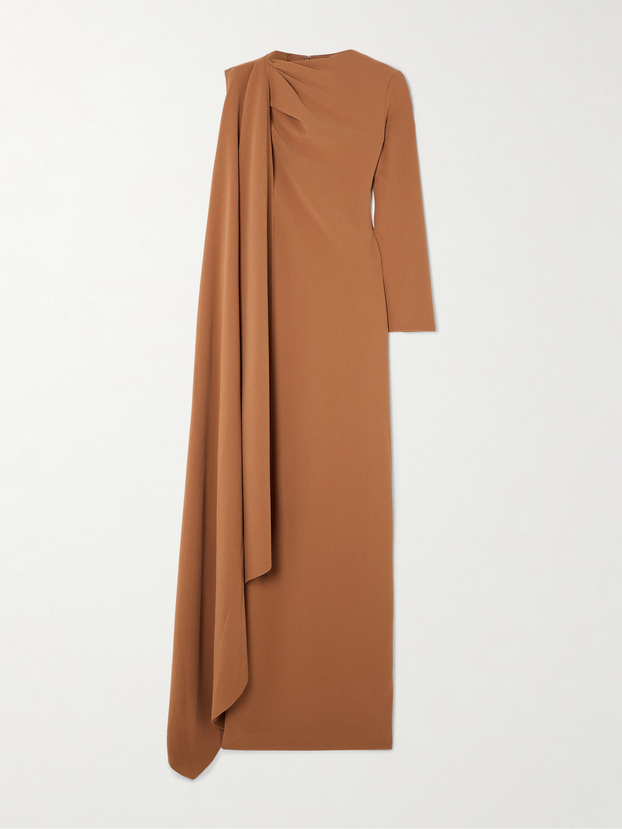 Solace London Lydia Asymmetric Draped Crepe Gown In Brown