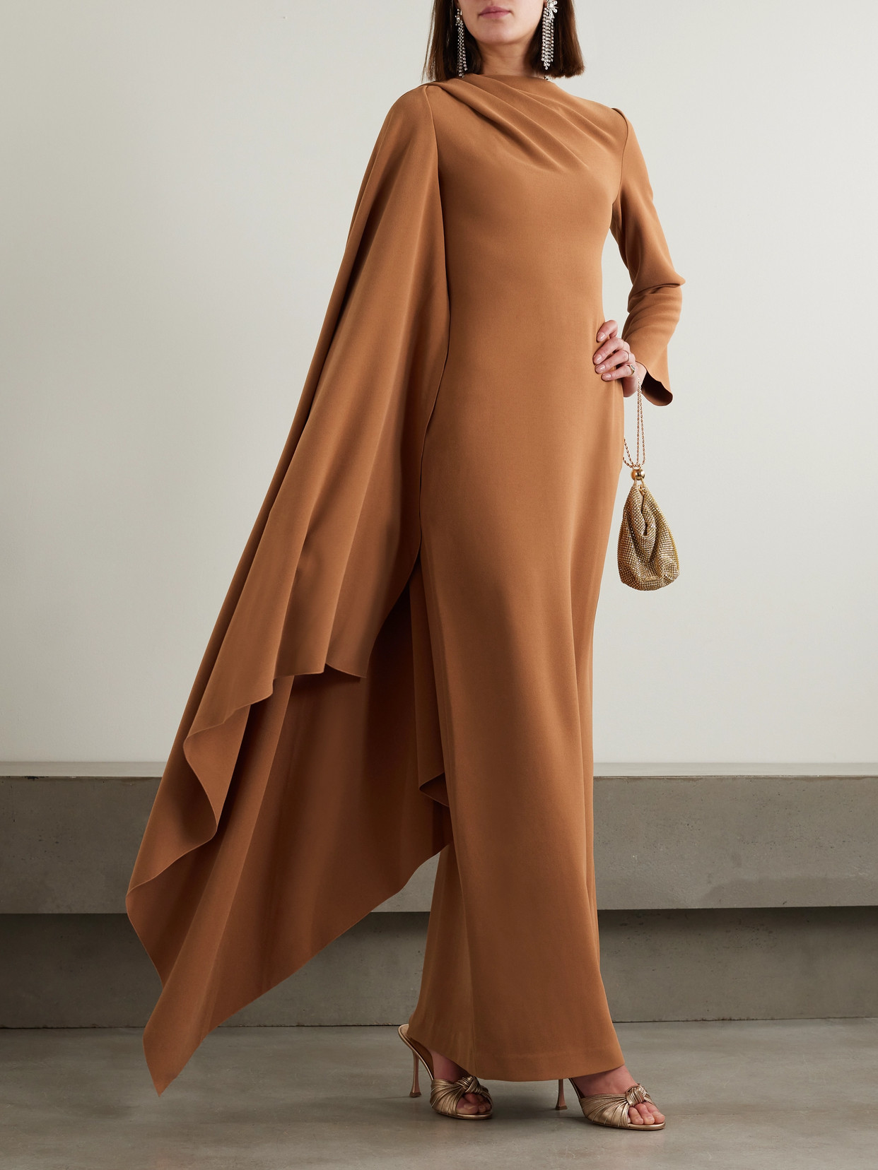 Shop Solace London Lydia Asymmetric Draped Crepe Gown In Brown