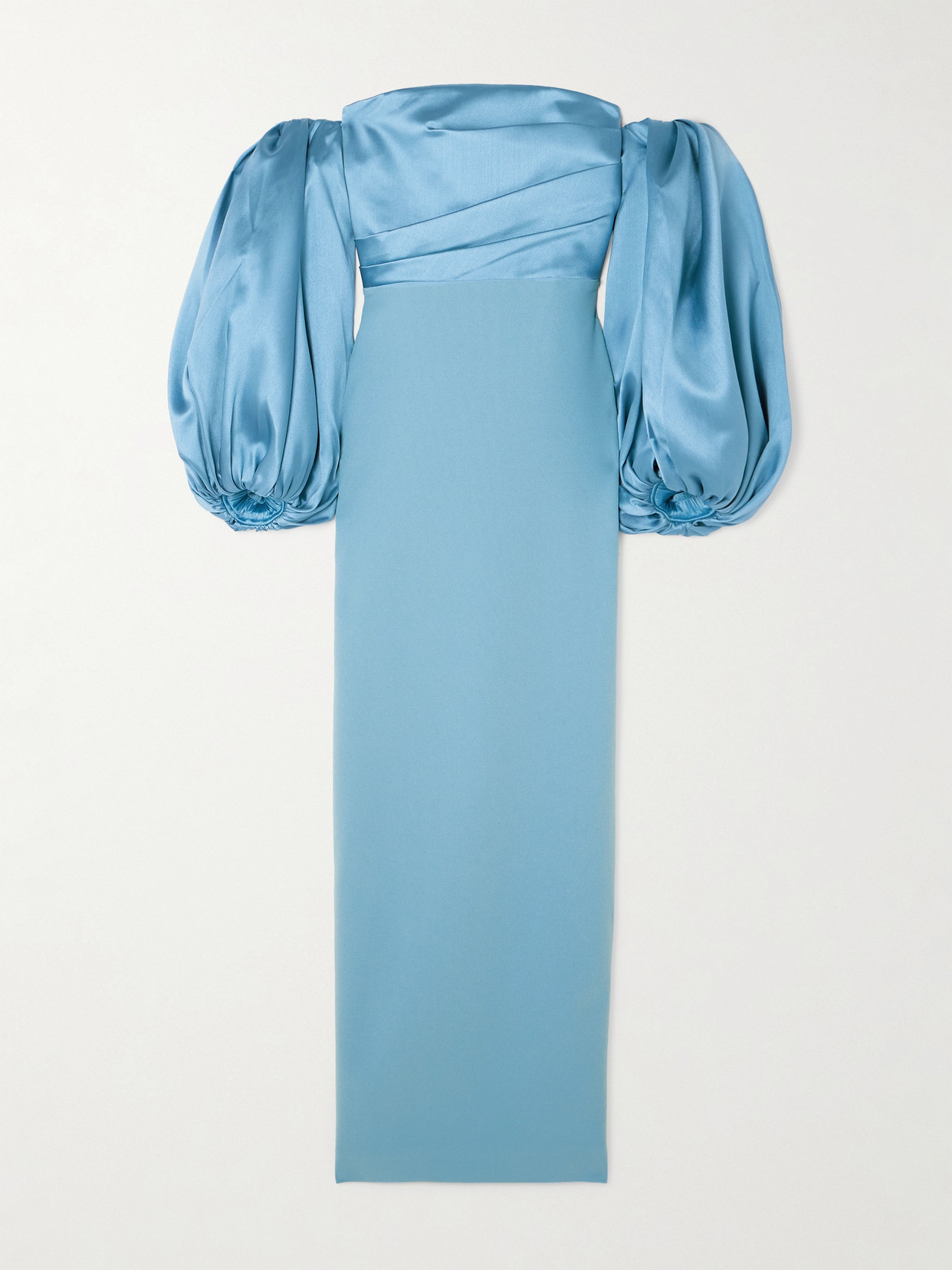 Shop Solace London Carmen Off-the-shoulder Satin-twill And Crepe Gown In Blue