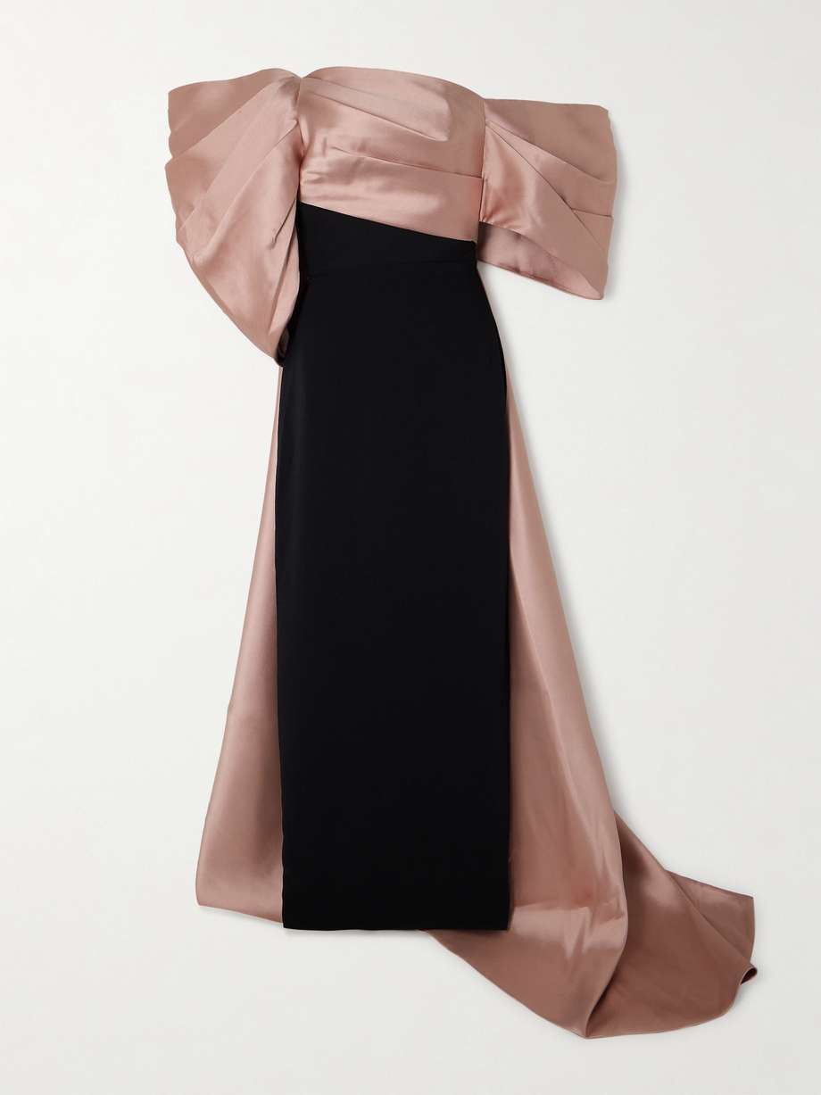 raye off-the-shoulder draped crepe and satin-twill gown